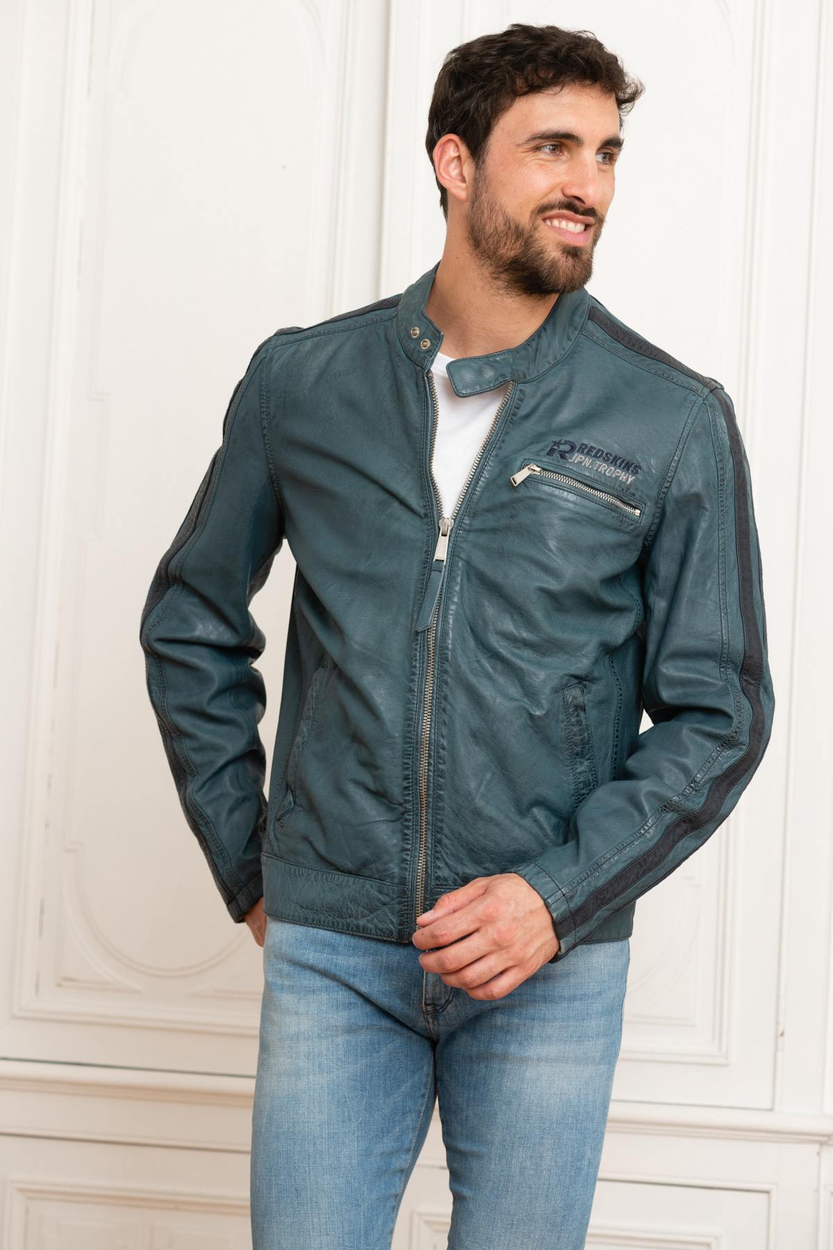 Blue leather racing jacket - Image n°1