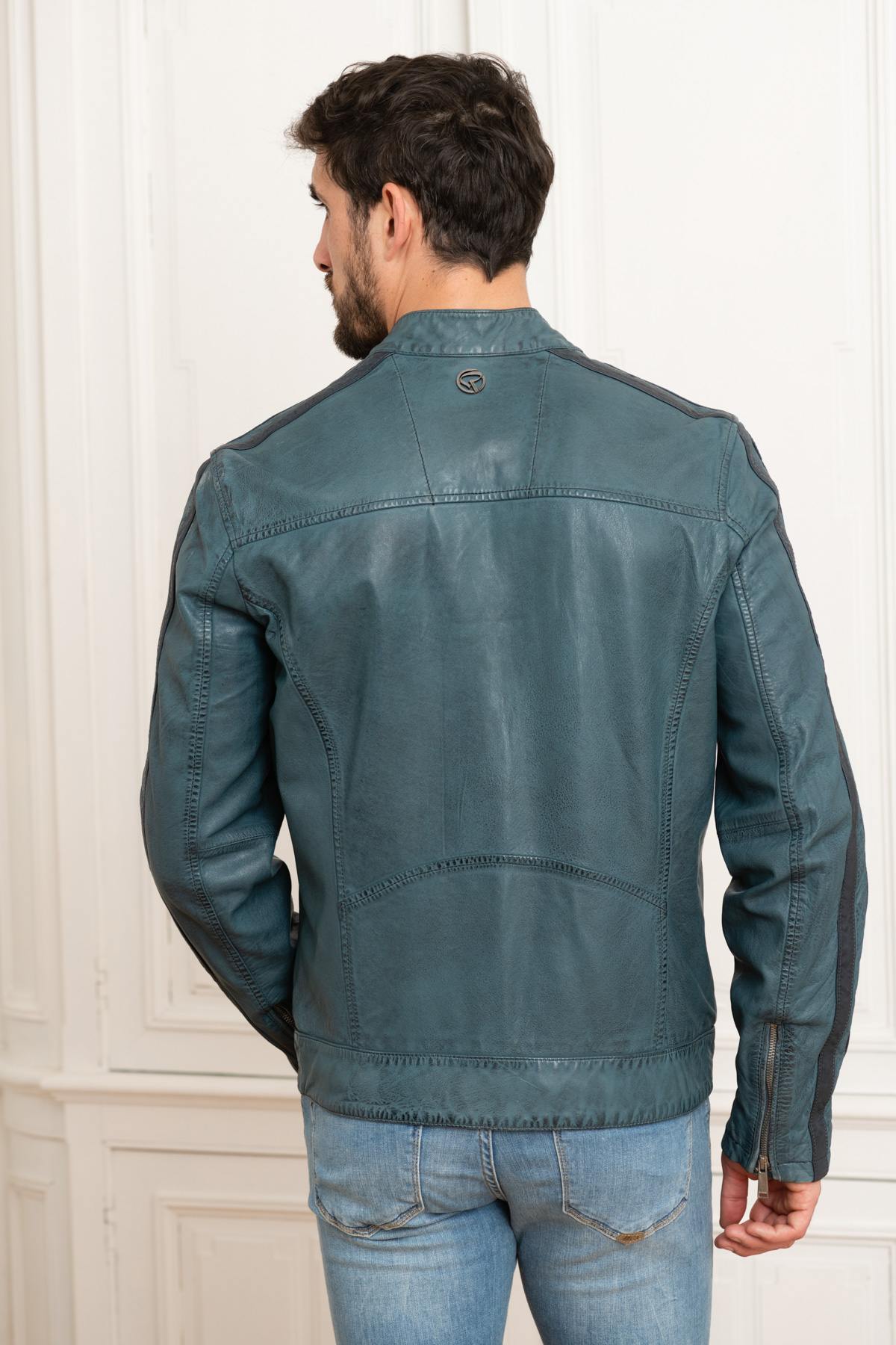 Blue leather racing jacket - Image n°5