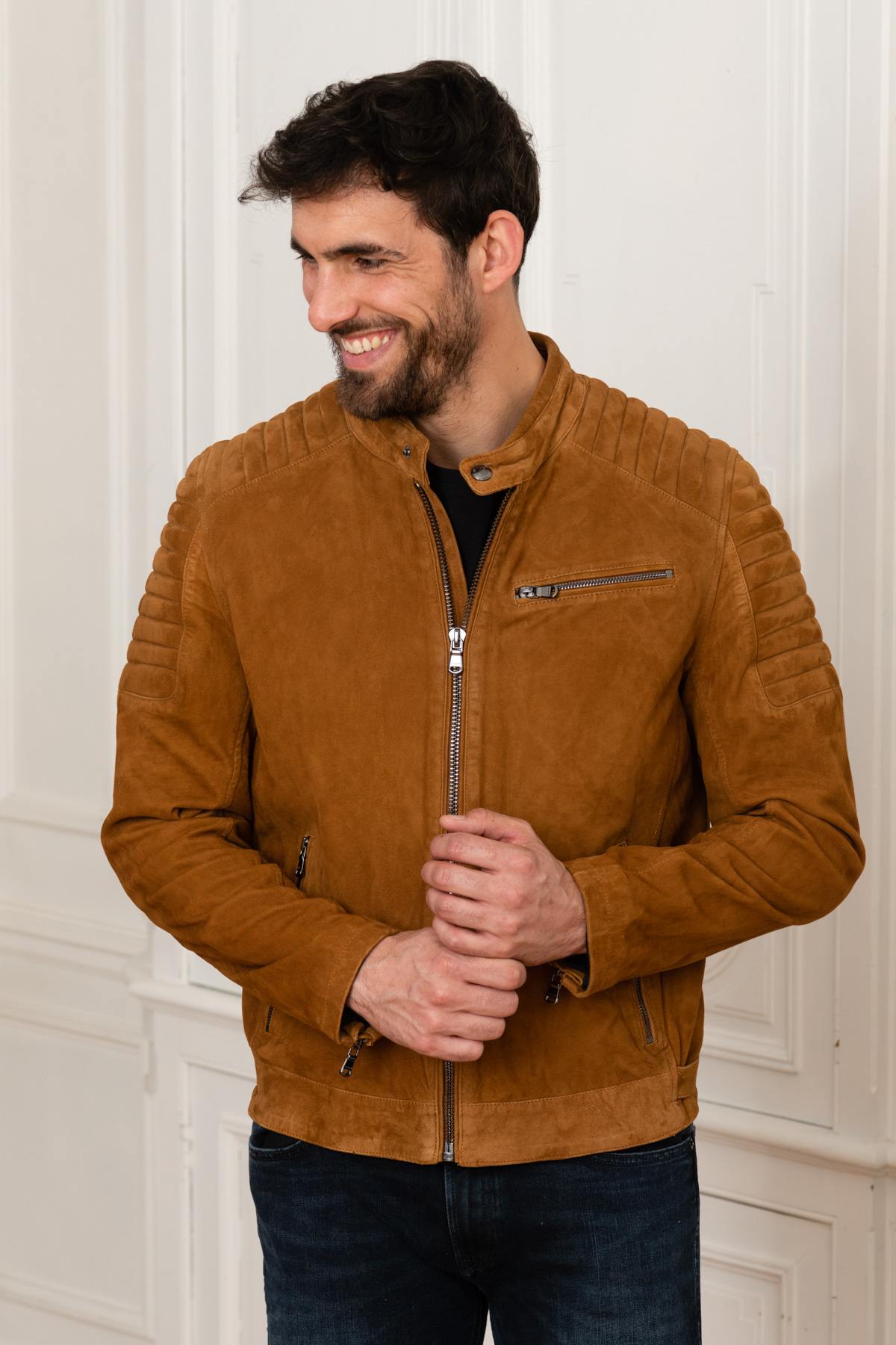 Cognac suede leather biker collar jacket - Image n°3