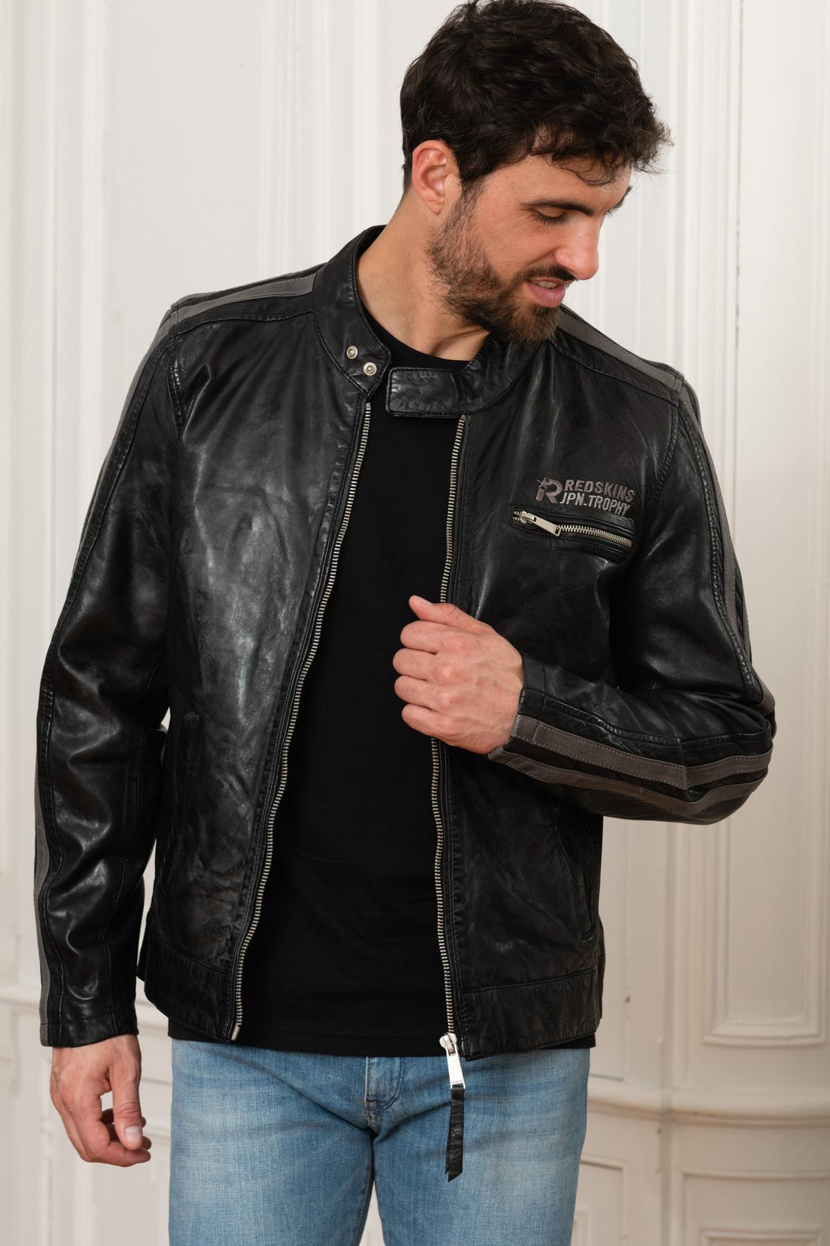 Racer-style jacket in black and gray leather - Image n°4