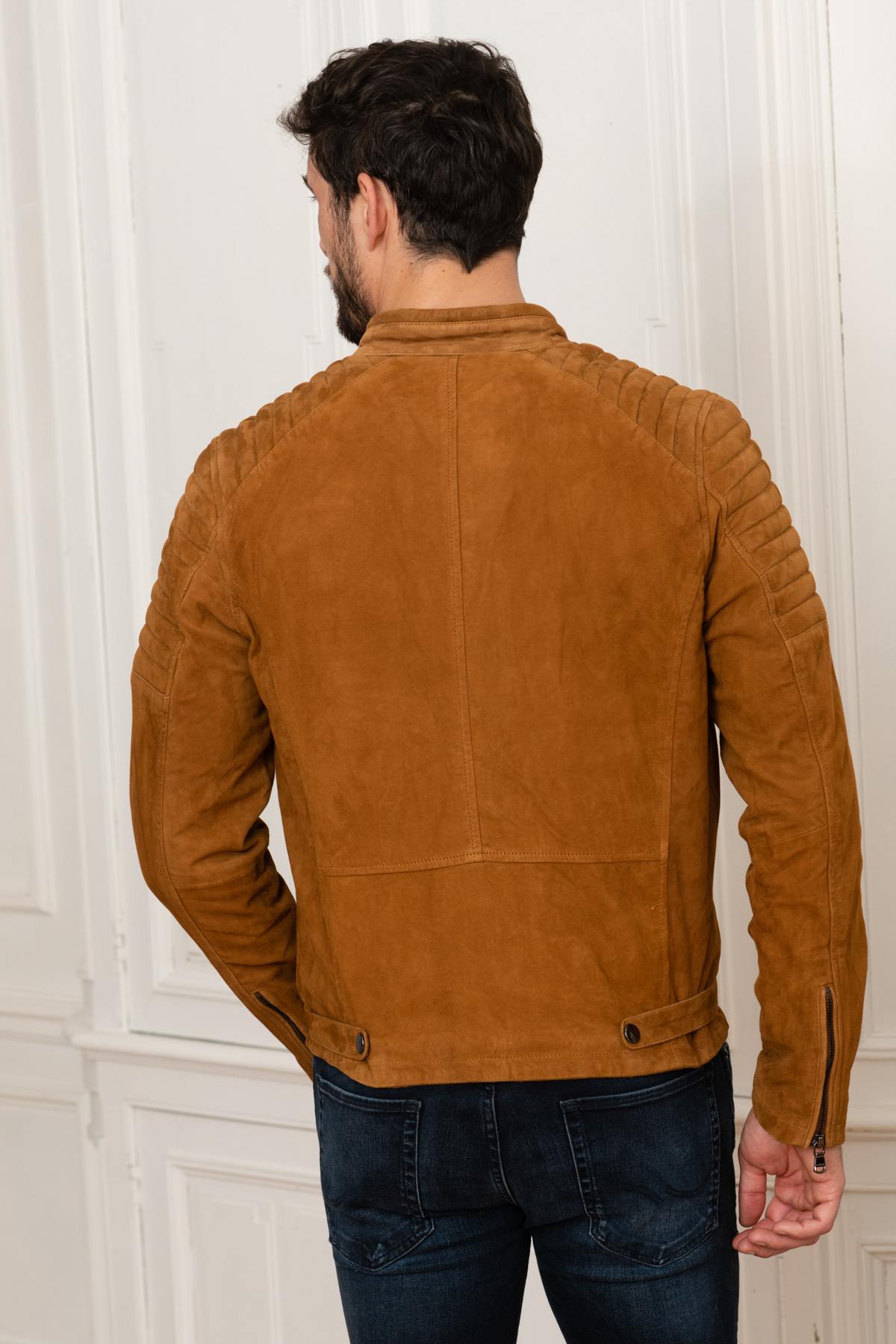 Cognac suede leather biker collar jacket - Image n°5