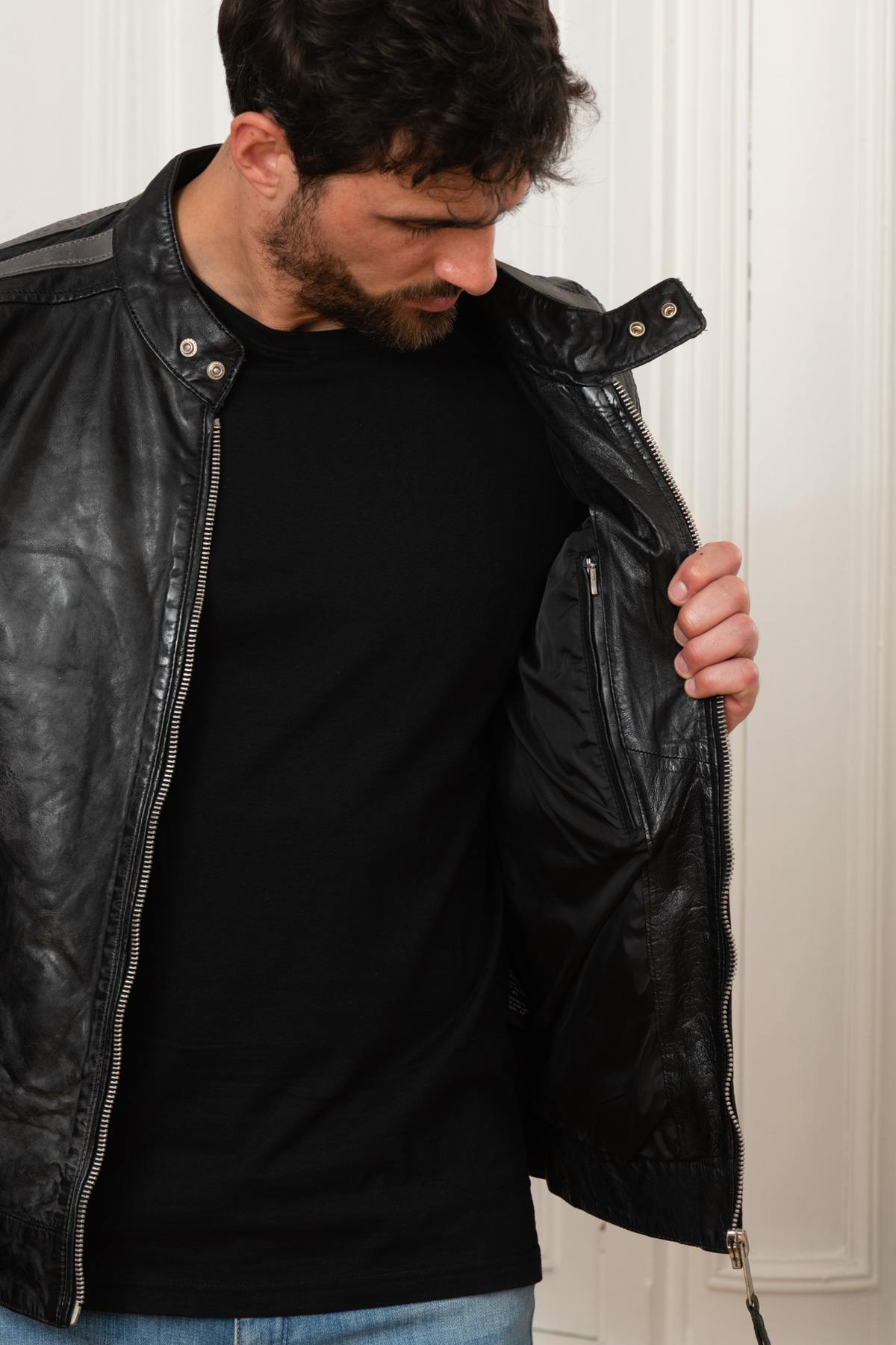 Racer-style jacket in black and gray leather - Image n°5