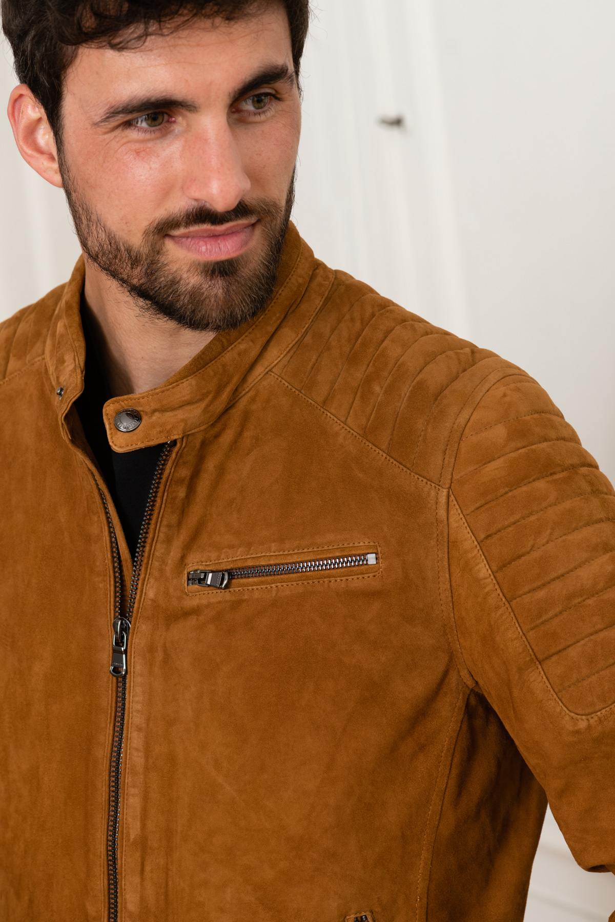 Cognac suede leather biker collar jacket - Image n°6