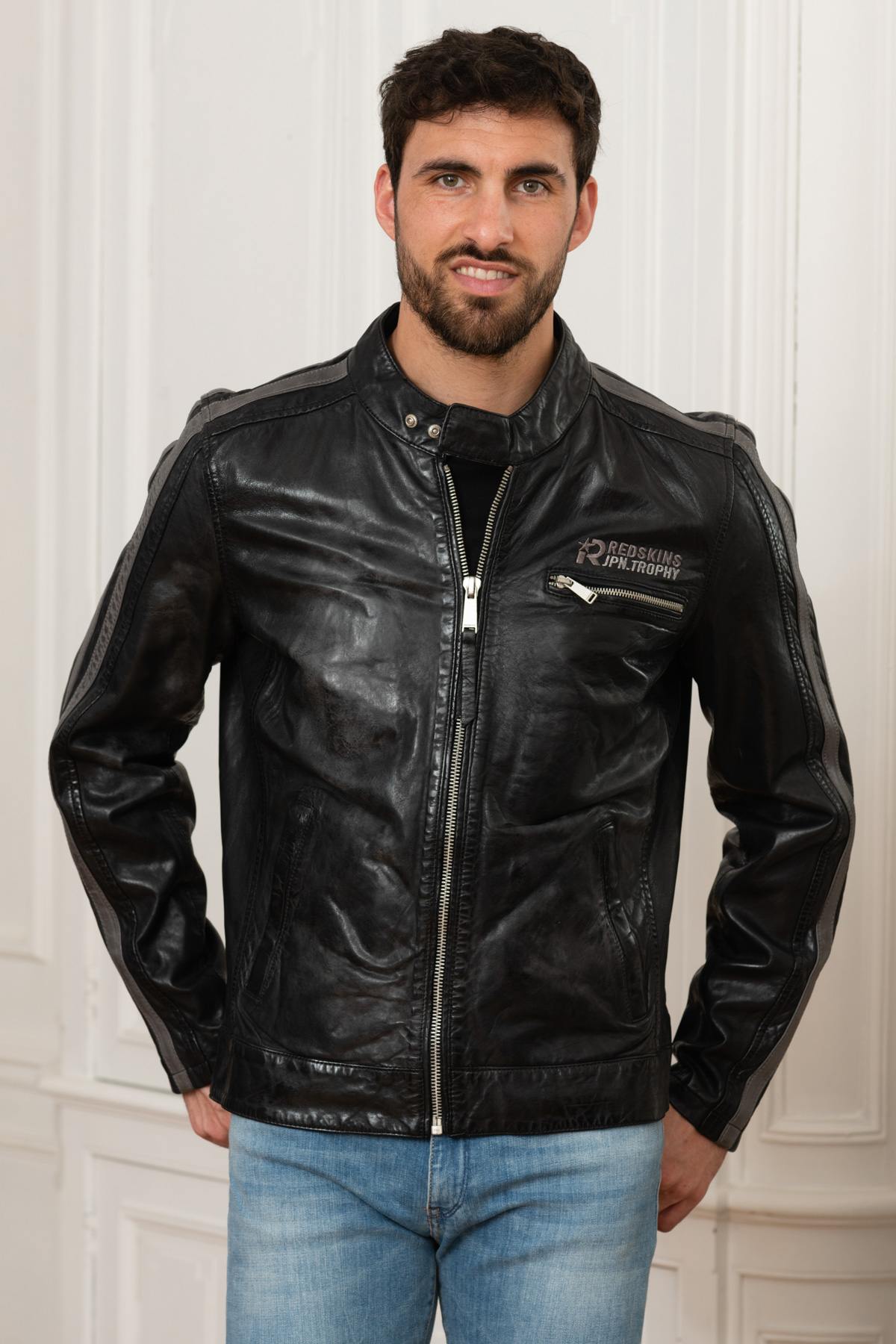 Racer-style jacket in black and gray leather - Image n°1