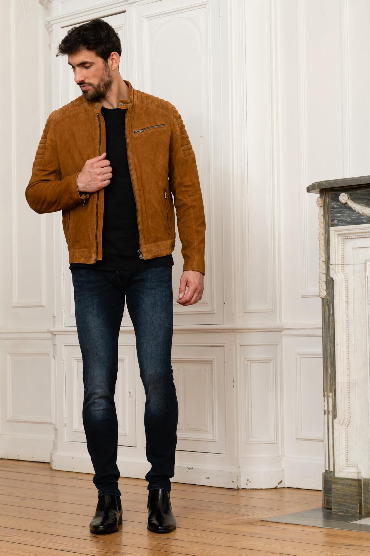 Cognac suede leather biker collar jacket - Image n°2