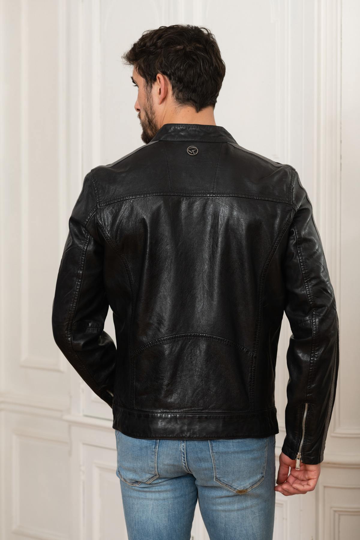 Racer-style jacket in black and gray leather - Image n°6