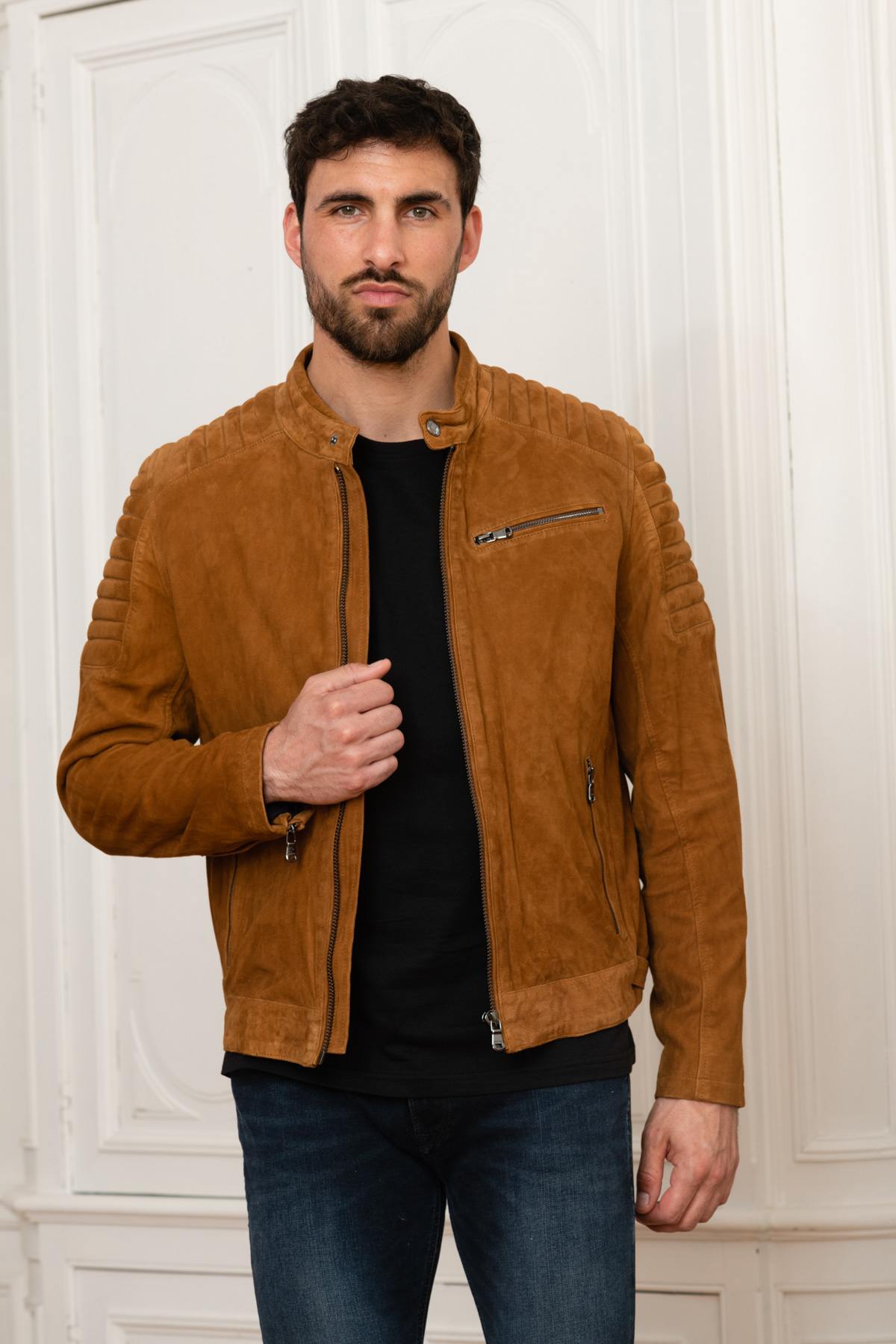 Cognac suede leather biker collar jacket - Image n°1