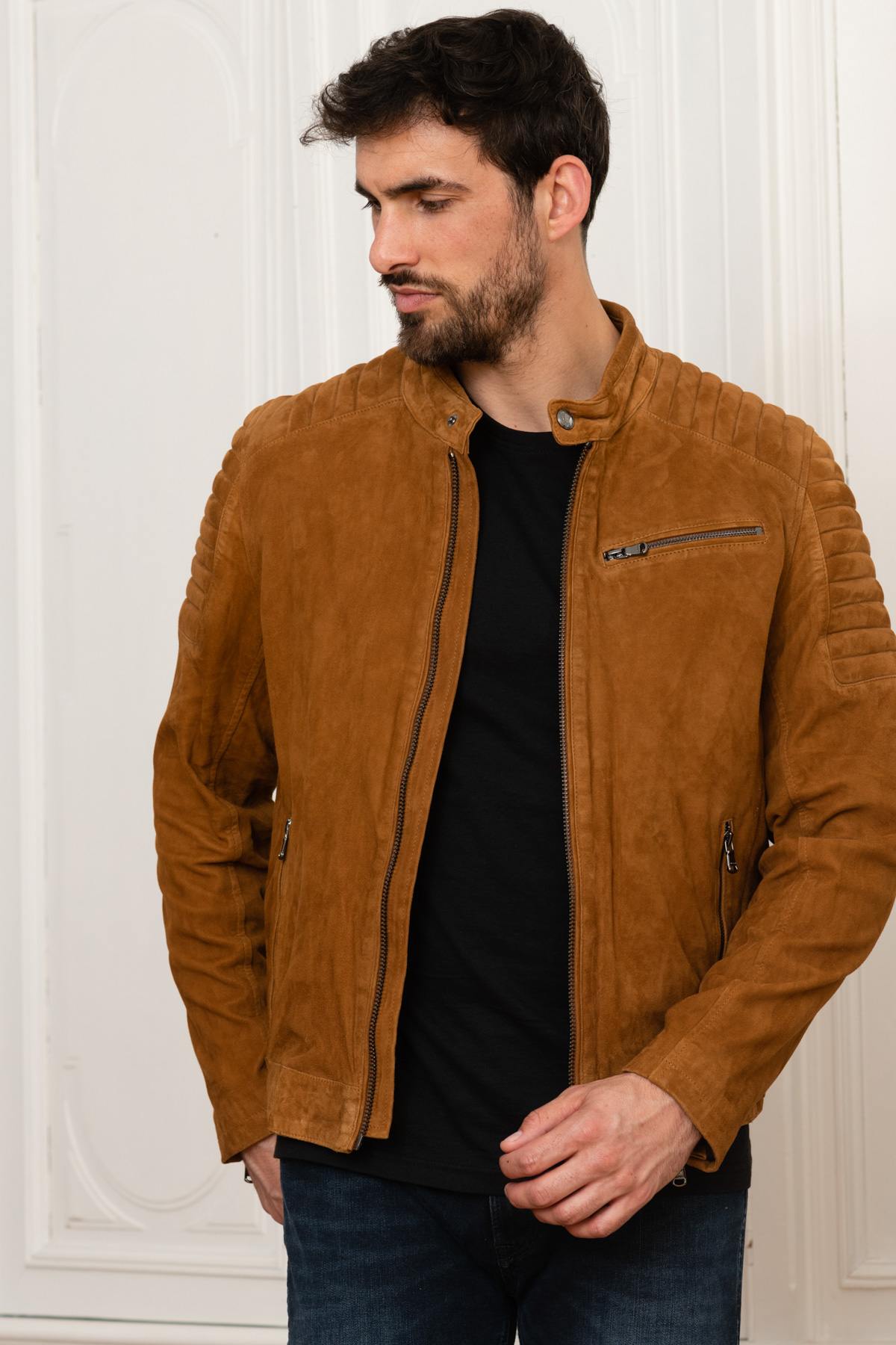 Cognac suede leather biker collar jacket - Image n°7