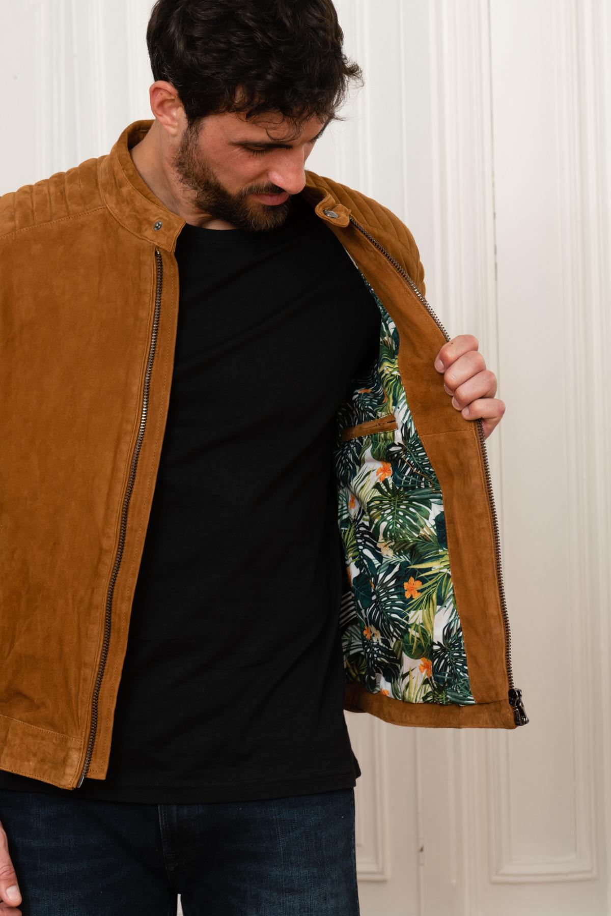 Cognac suede leather biker collar jacket - Image n°4