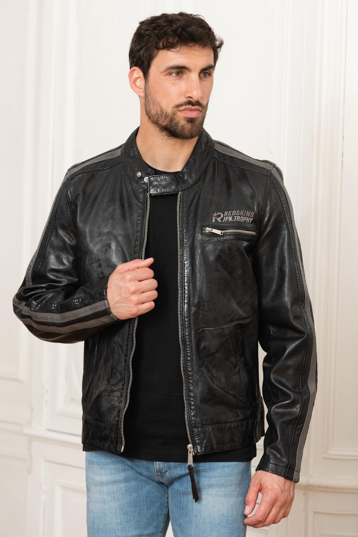 Racer-style jacket in black and gray leather - Image n°3