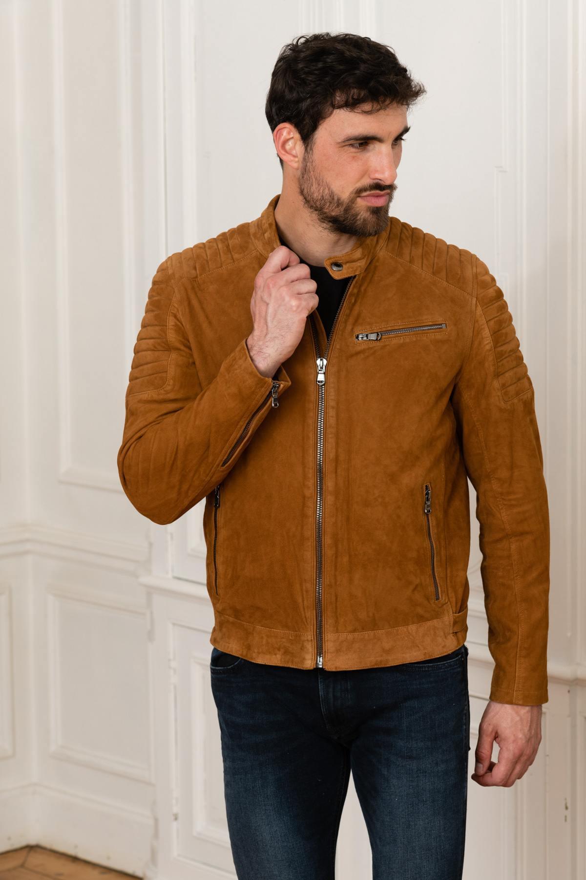 Cognac suede leather biker collar jacket - Image n°8