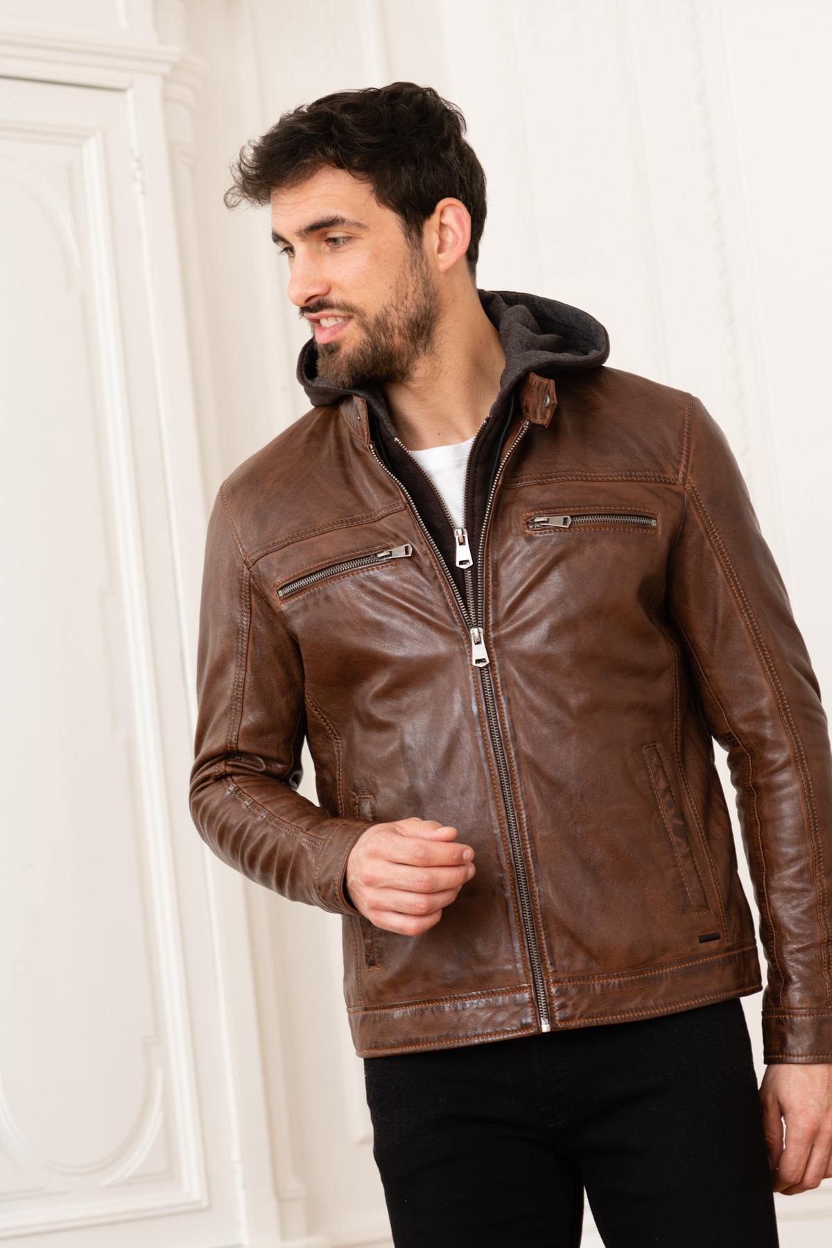 Brown leather jacket with hood - Image n°13