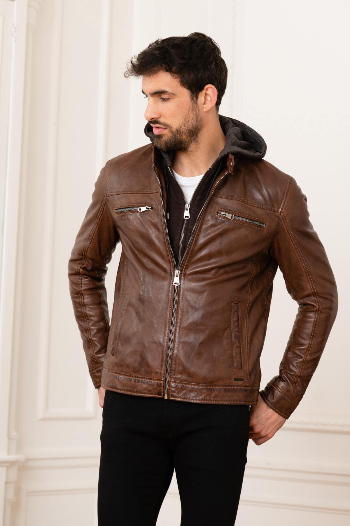 Brown leather jacket with hood - Image n°4