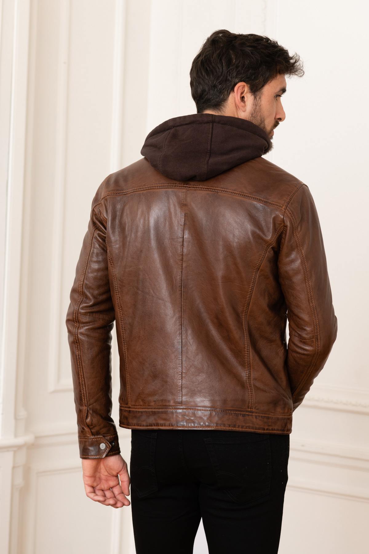 Brown leather jacket with hood - Image n°10