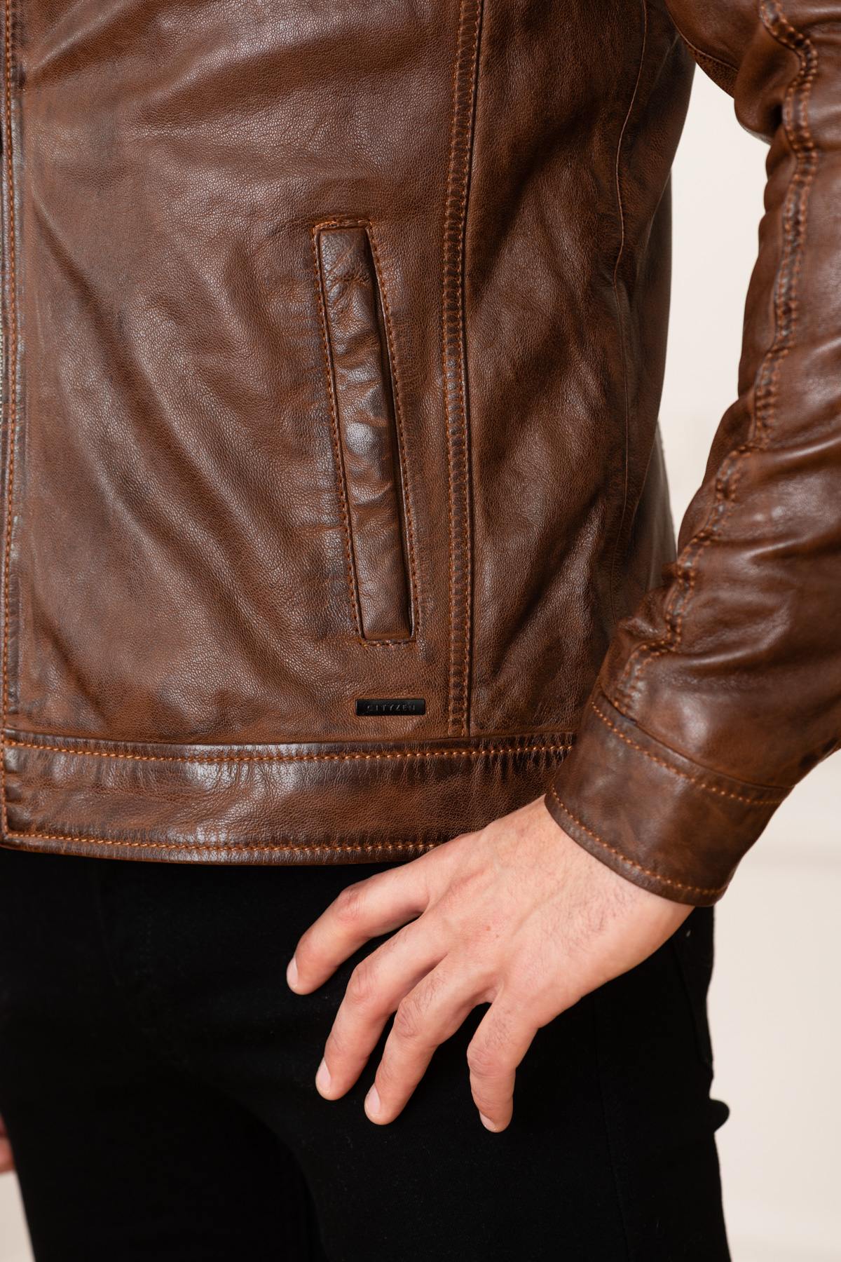 Brown leather jacket with hood - Image n°12