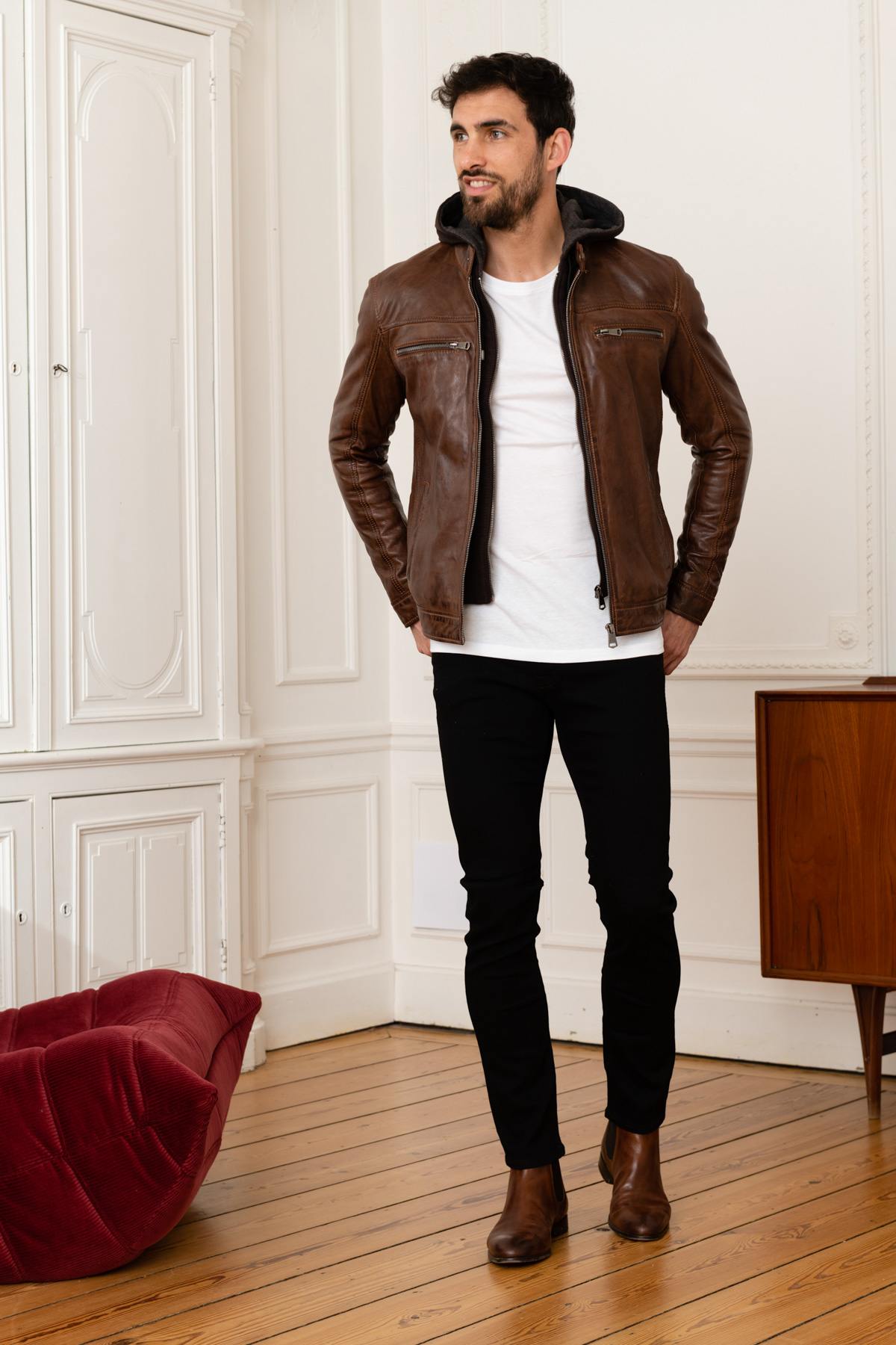 Brown leather jacket with hood - Image n°6