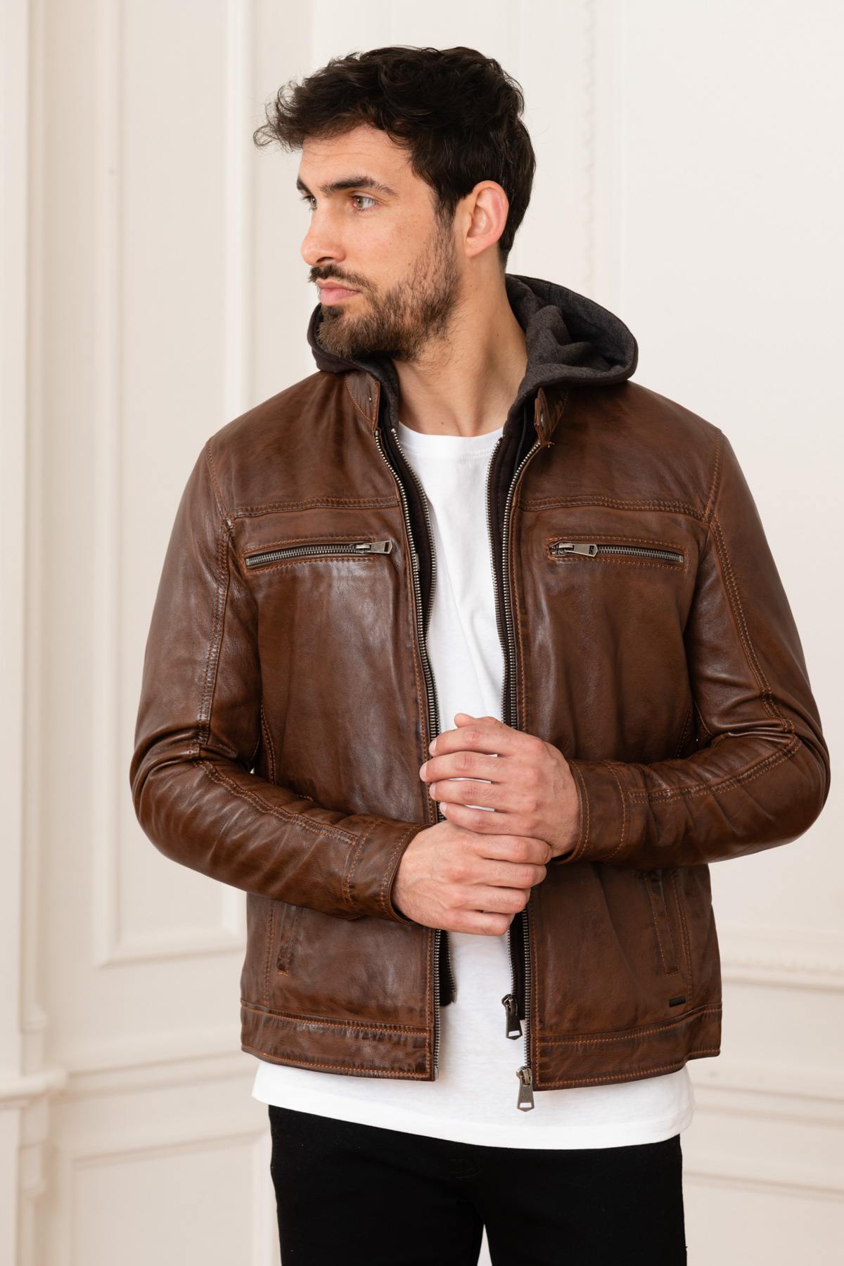 Brown leather jacket with hood - Image n°8