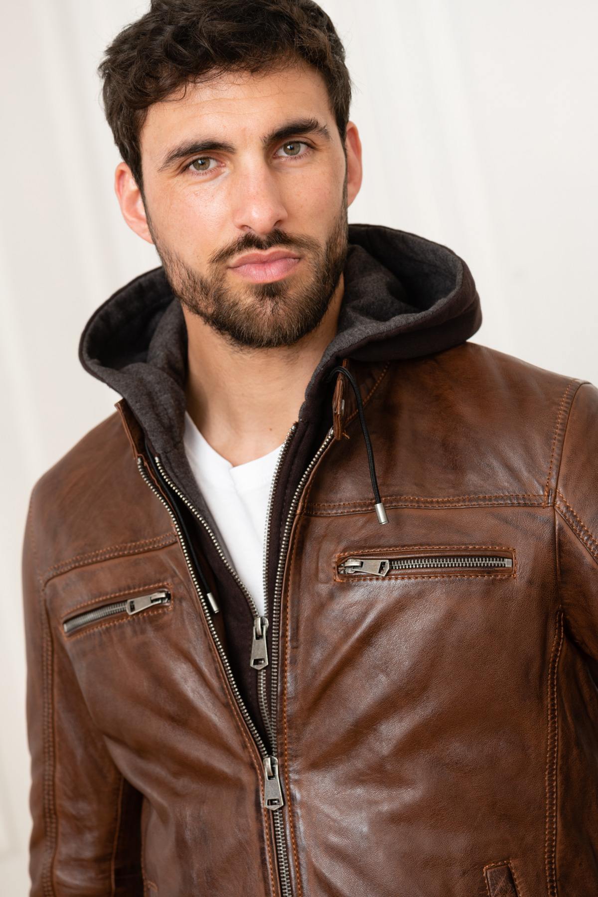 Brown leather jacket with hood - Image n°14