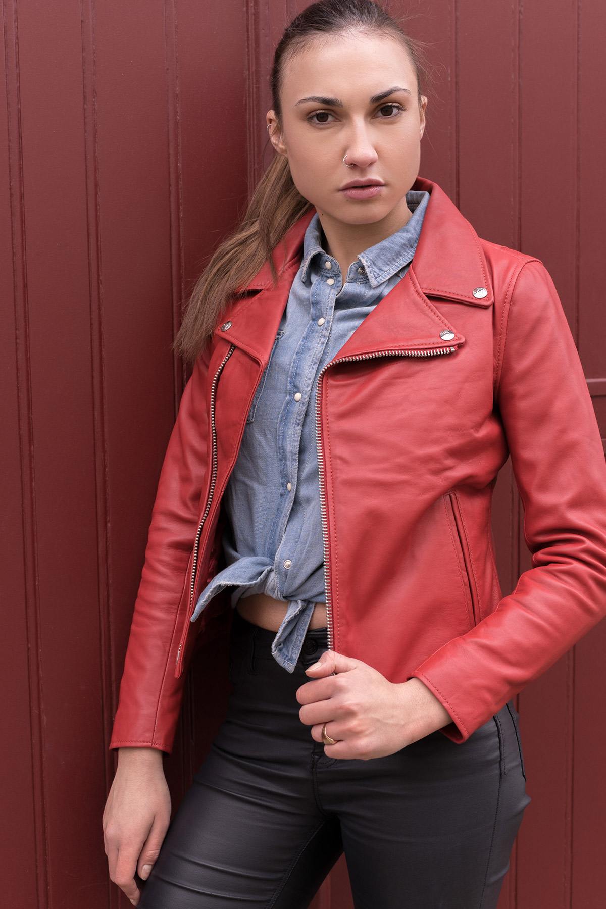 Women's red leather perfecto - Image n°4