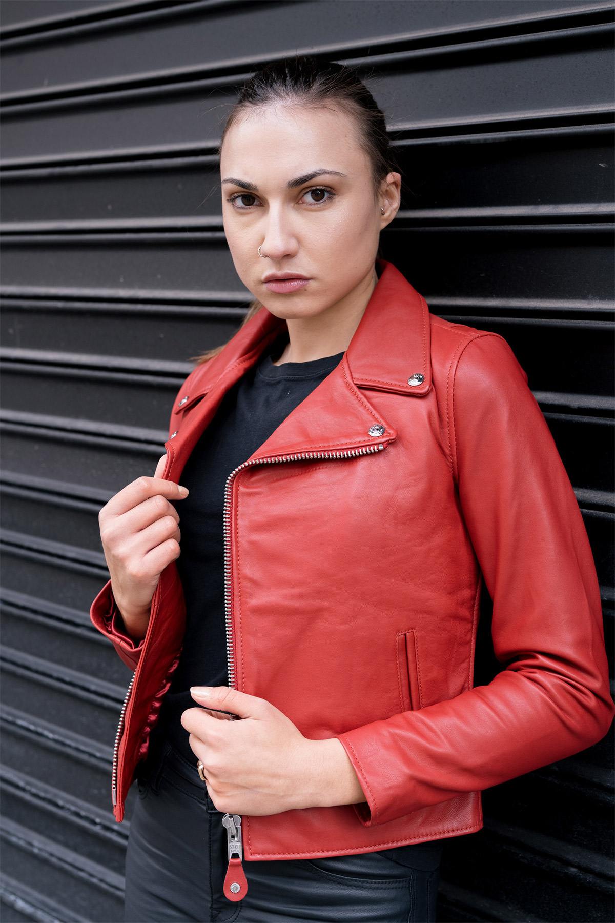 Women's red leather perfecto - Image n°5