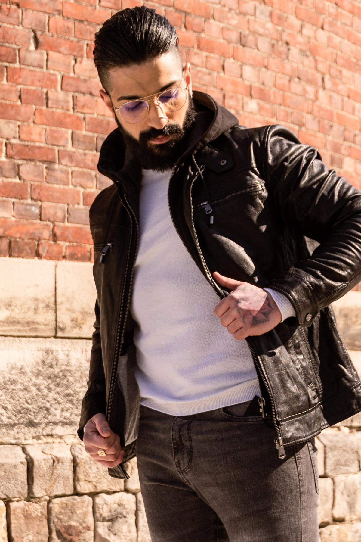 Black leather jacket with removable hood - Image n°13