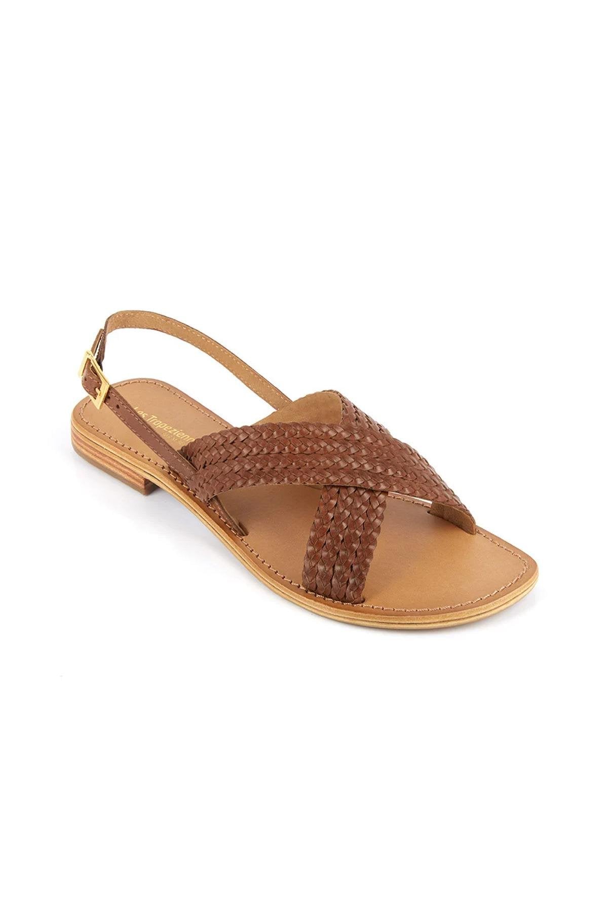 Leather sandals with braided brown straps - Image n°1