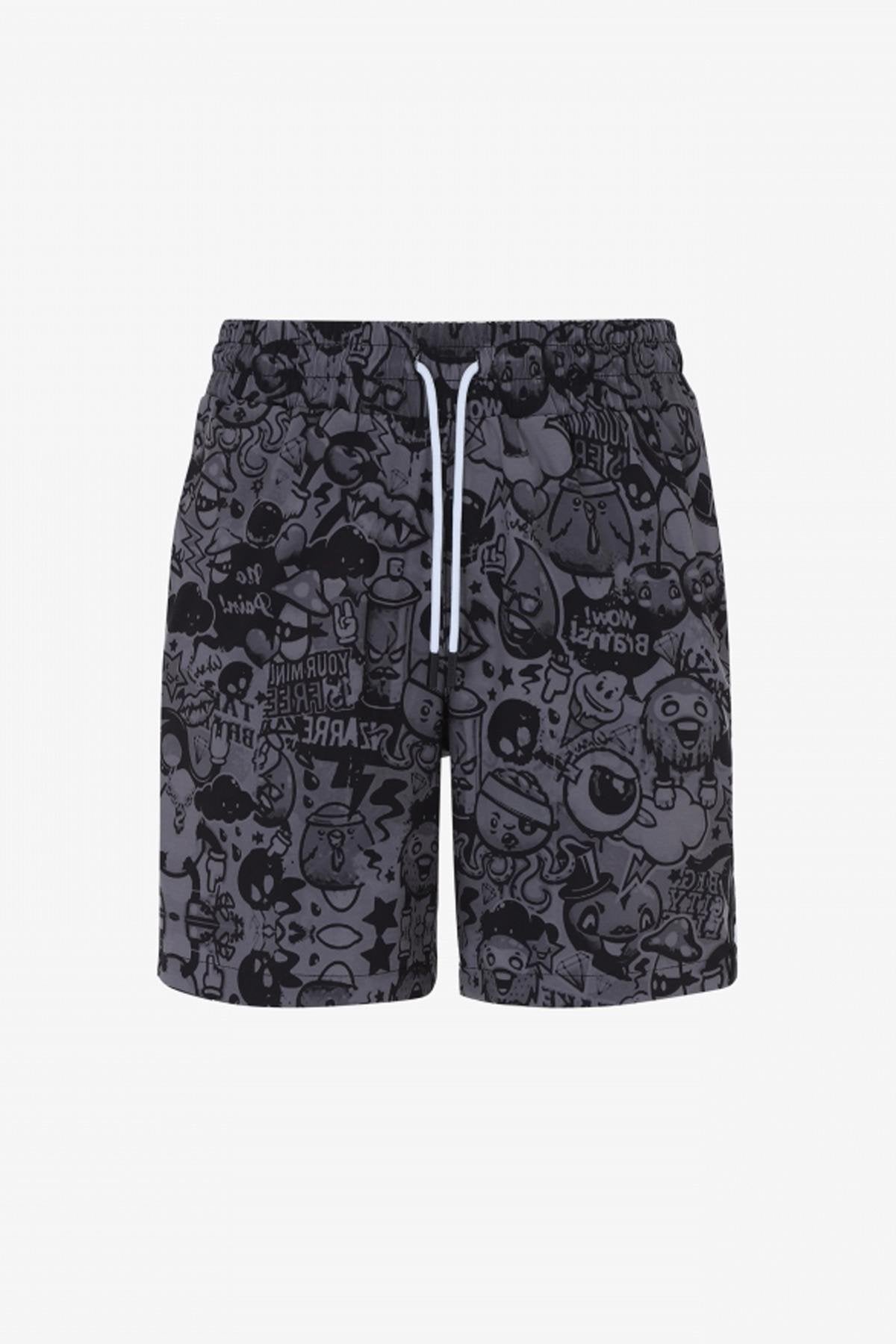 Black cartoon print beach shorts - Image n°1