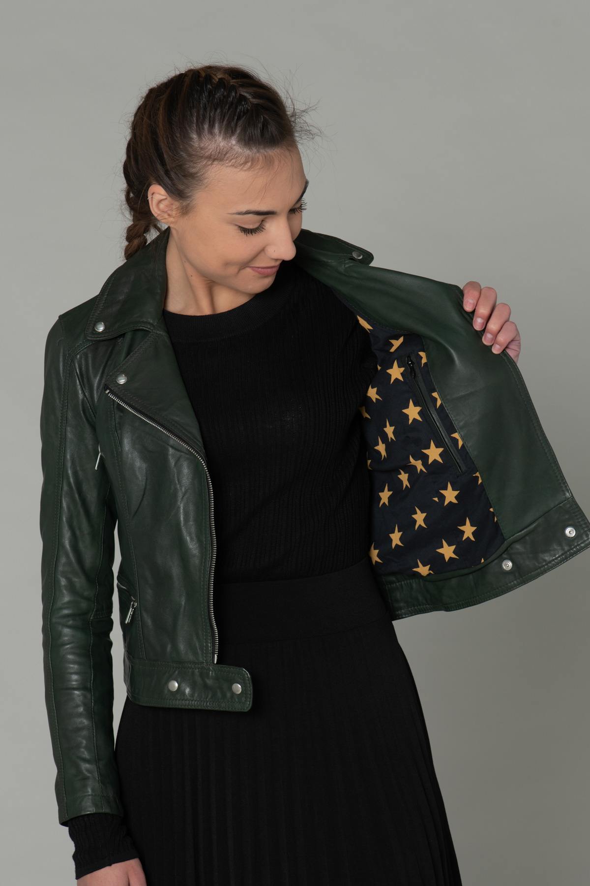 Khaki green Biker style jacket - Image n°5