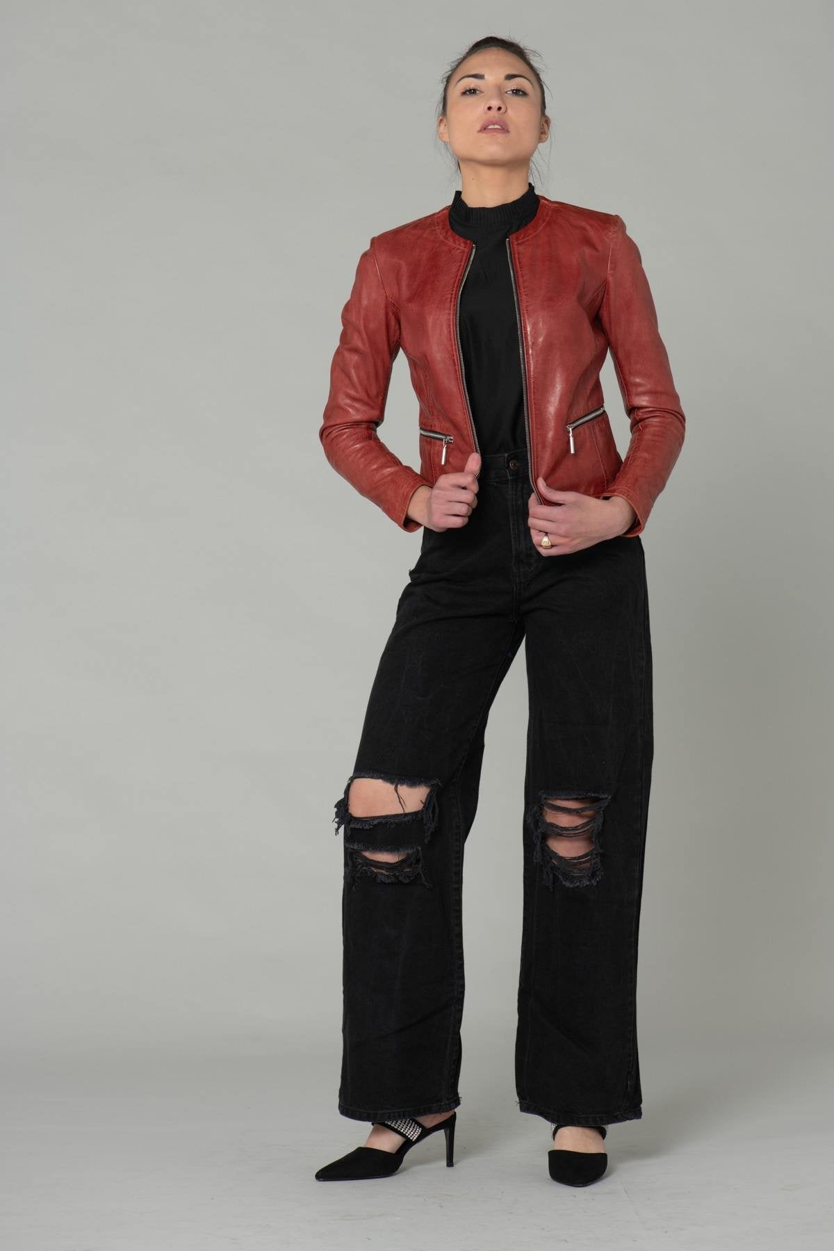 Red leather jacket with round neck - Image n°2