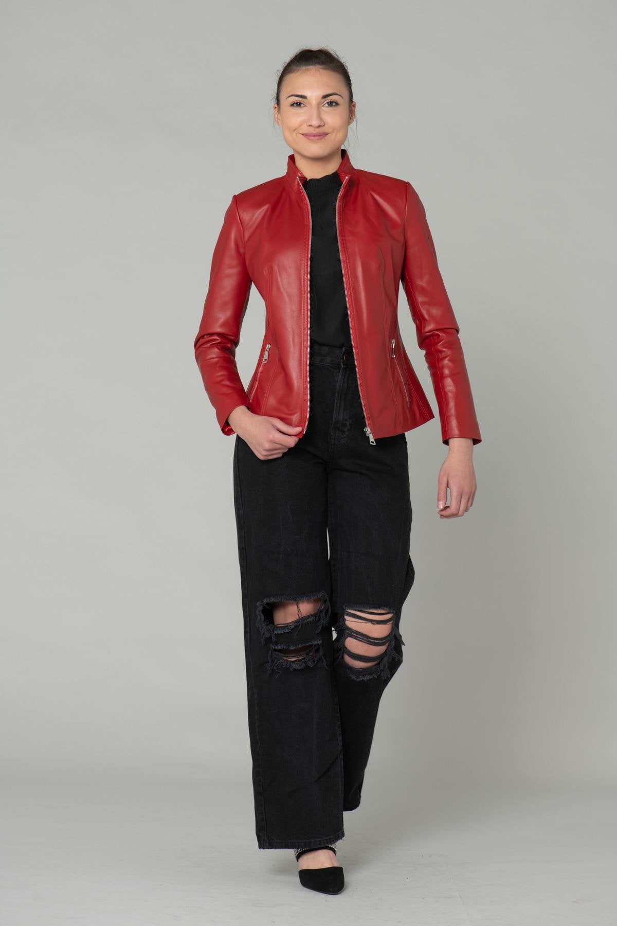 Red leather jacket with stand-up collar - Image n°2