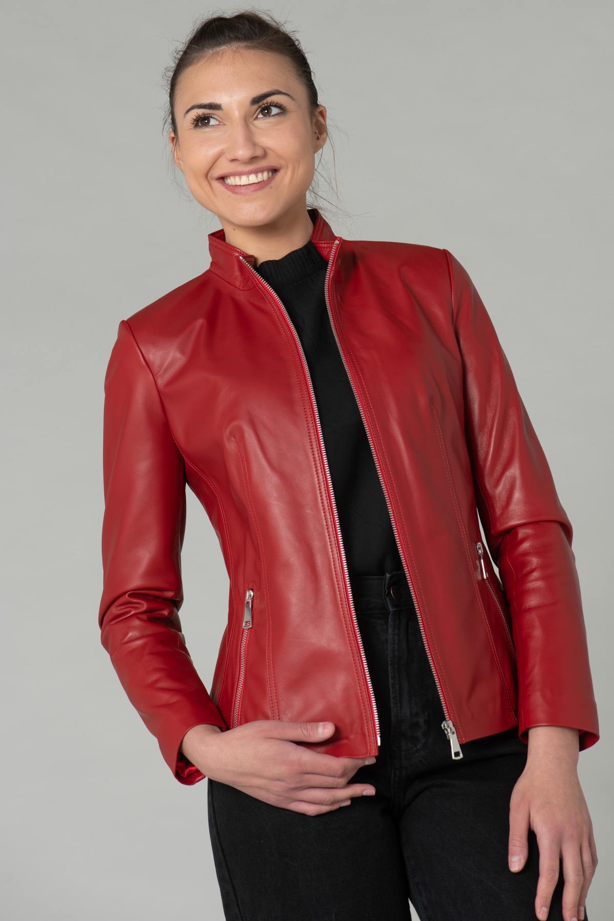 Red leather jacket with stand-up collar - Image n°3