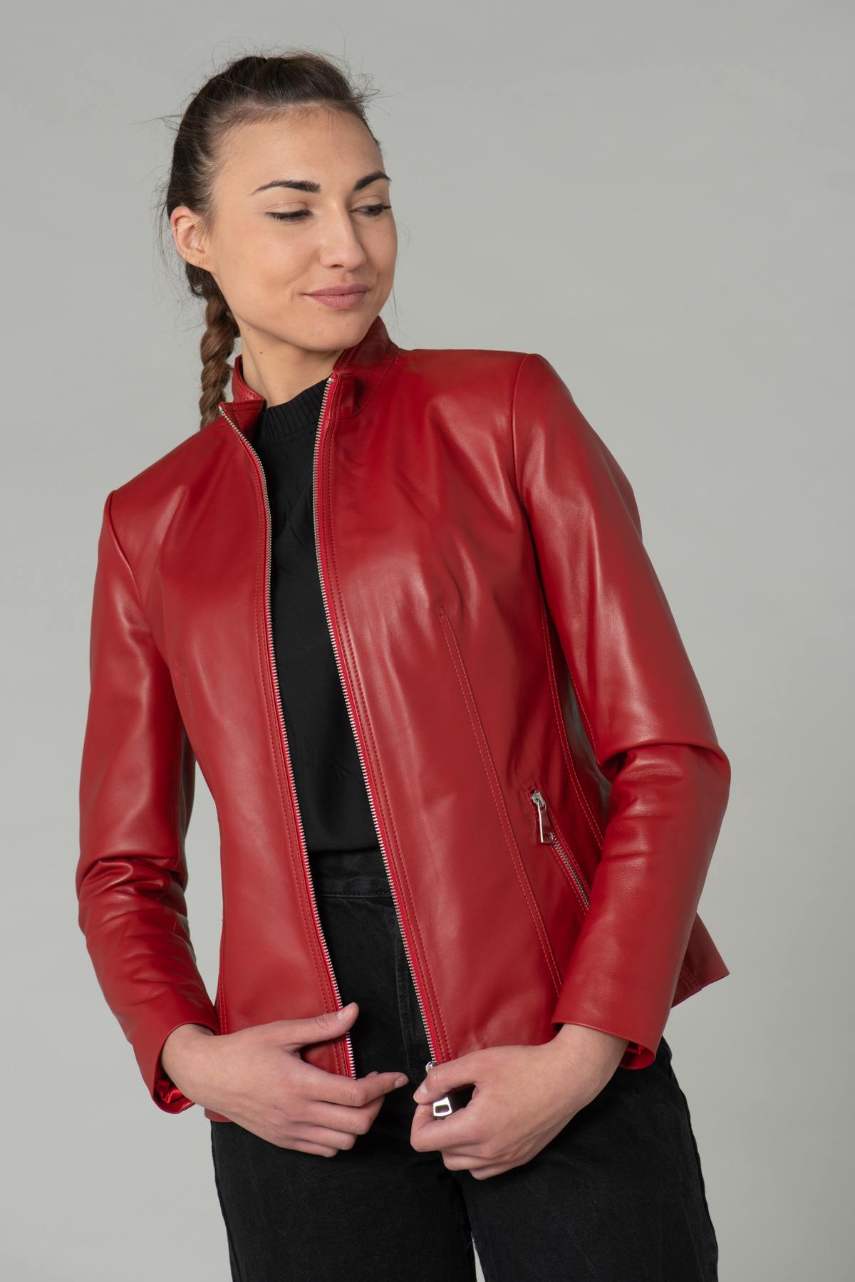 Red leather jacket with stand-up collar - Image n°6