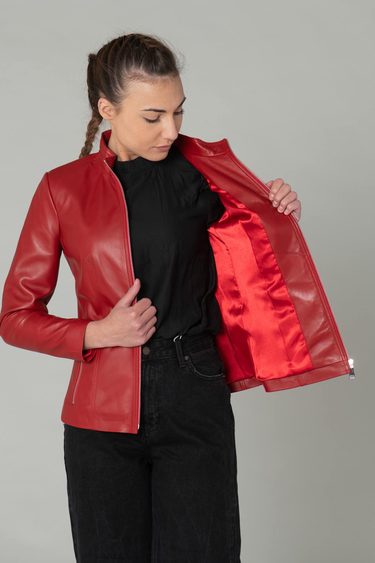 Red leather jacket with stand-up collar - Image n°4