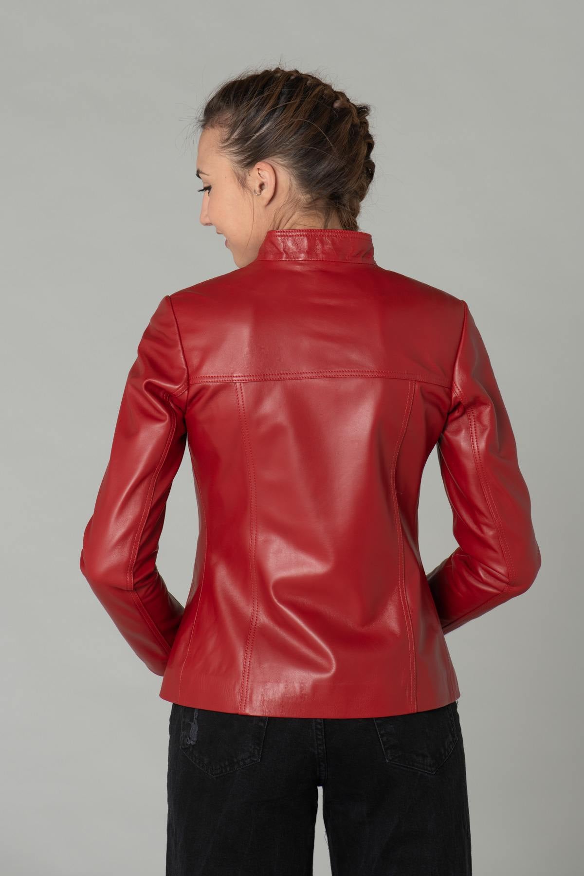 Red leather jacket with stand-up collar - Image n°5