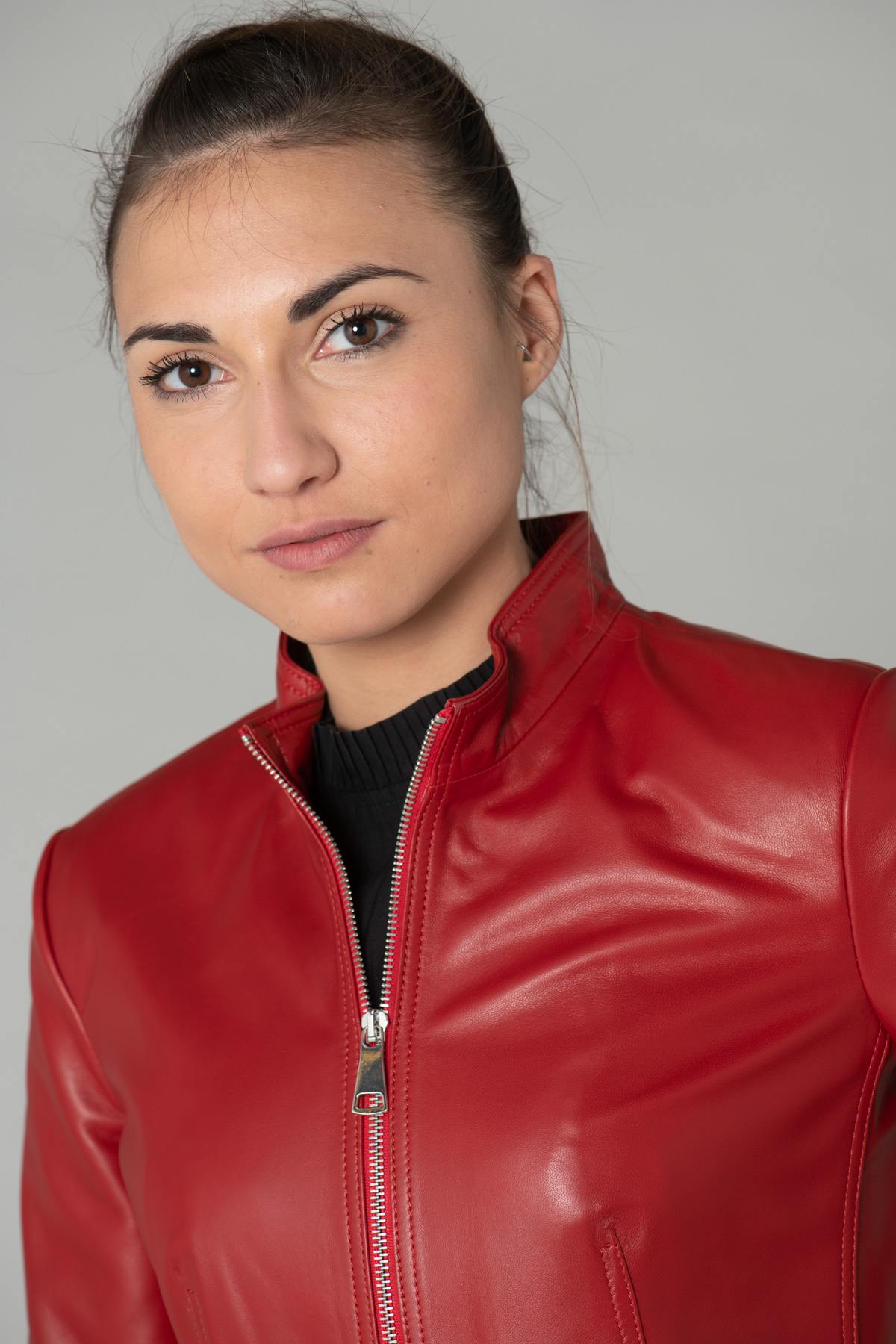 Red leather jacket with stand-up collar - Image n°7