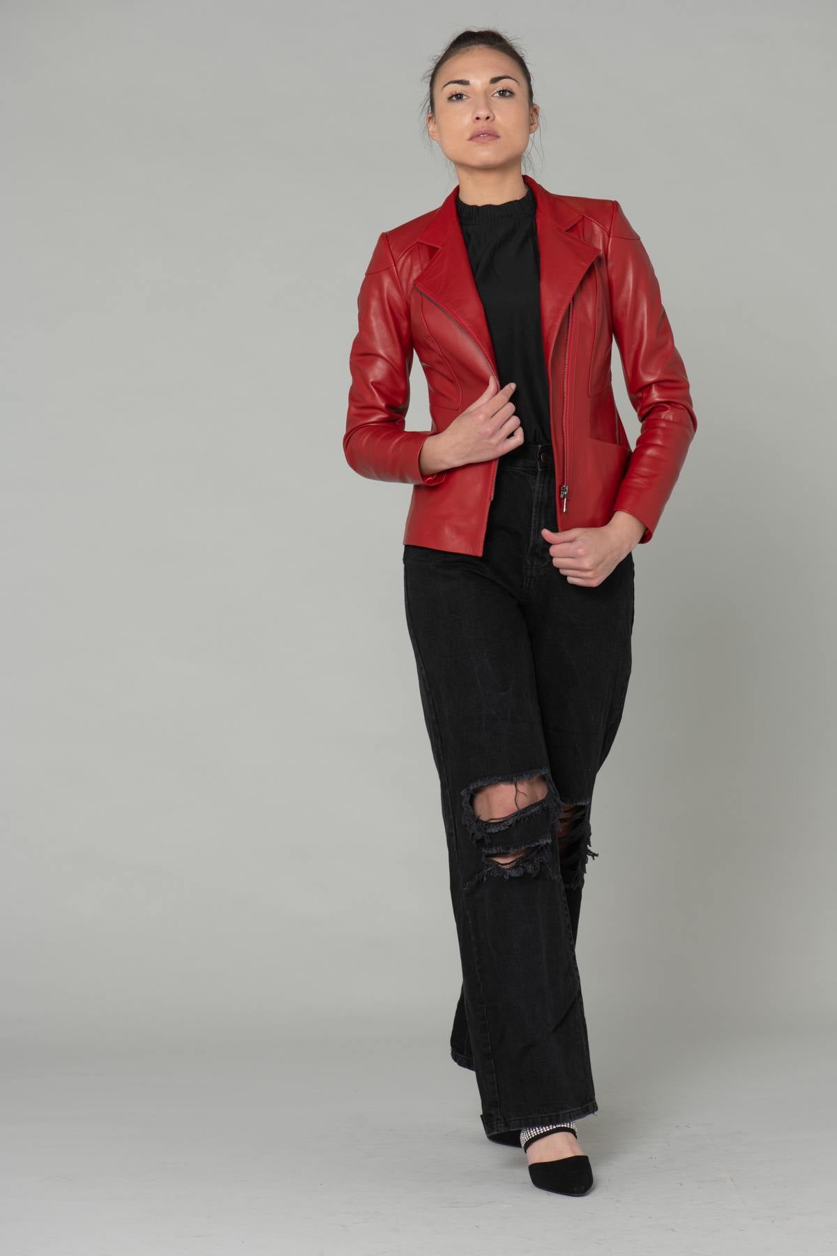 Smooth red leather Biker Jacket - Image n°2