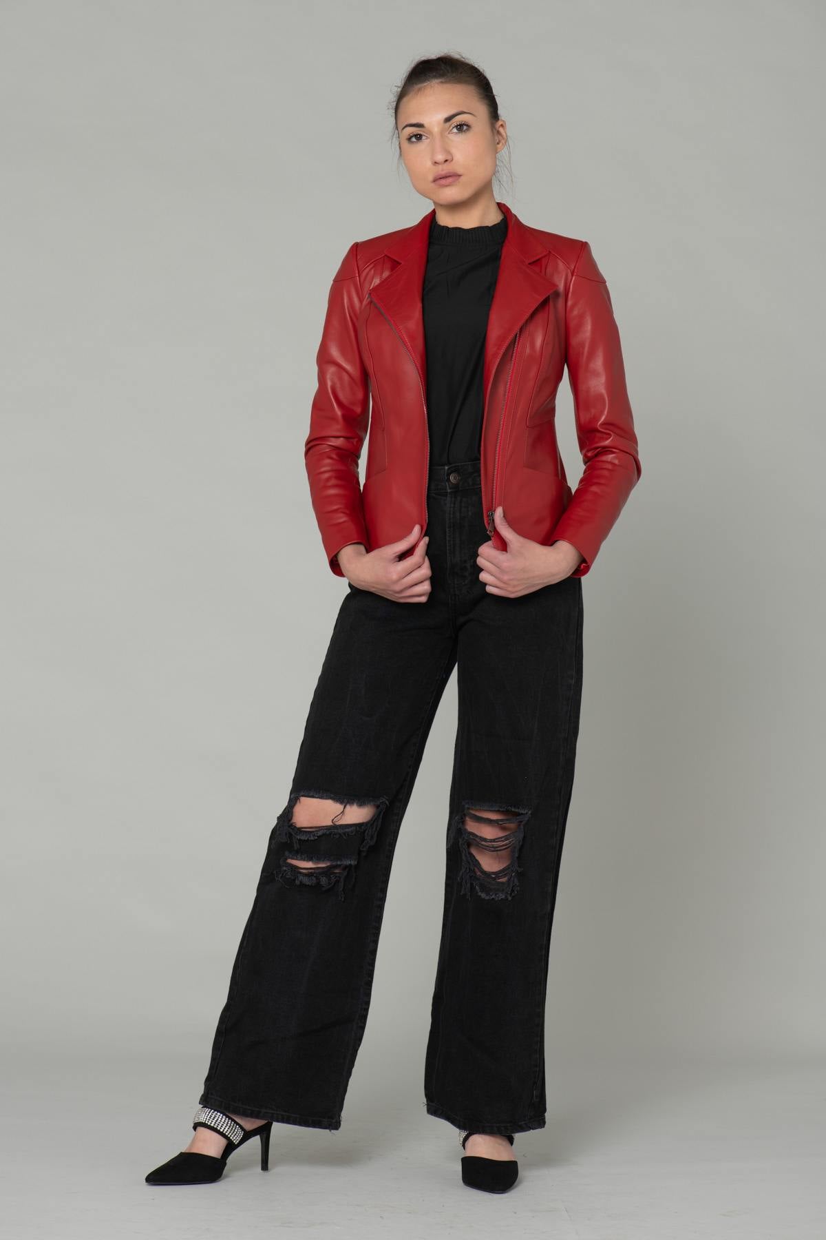 Smooth red leather Biker Jacket - Image n°3