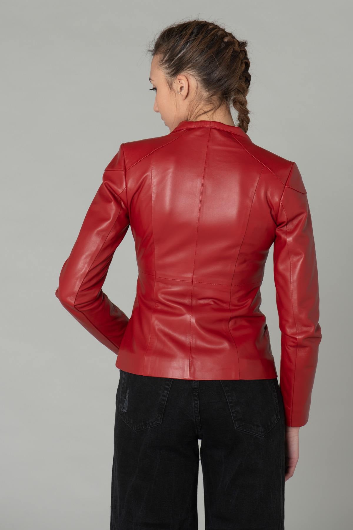 Smooth red leather Biker Jacket - Image n°6