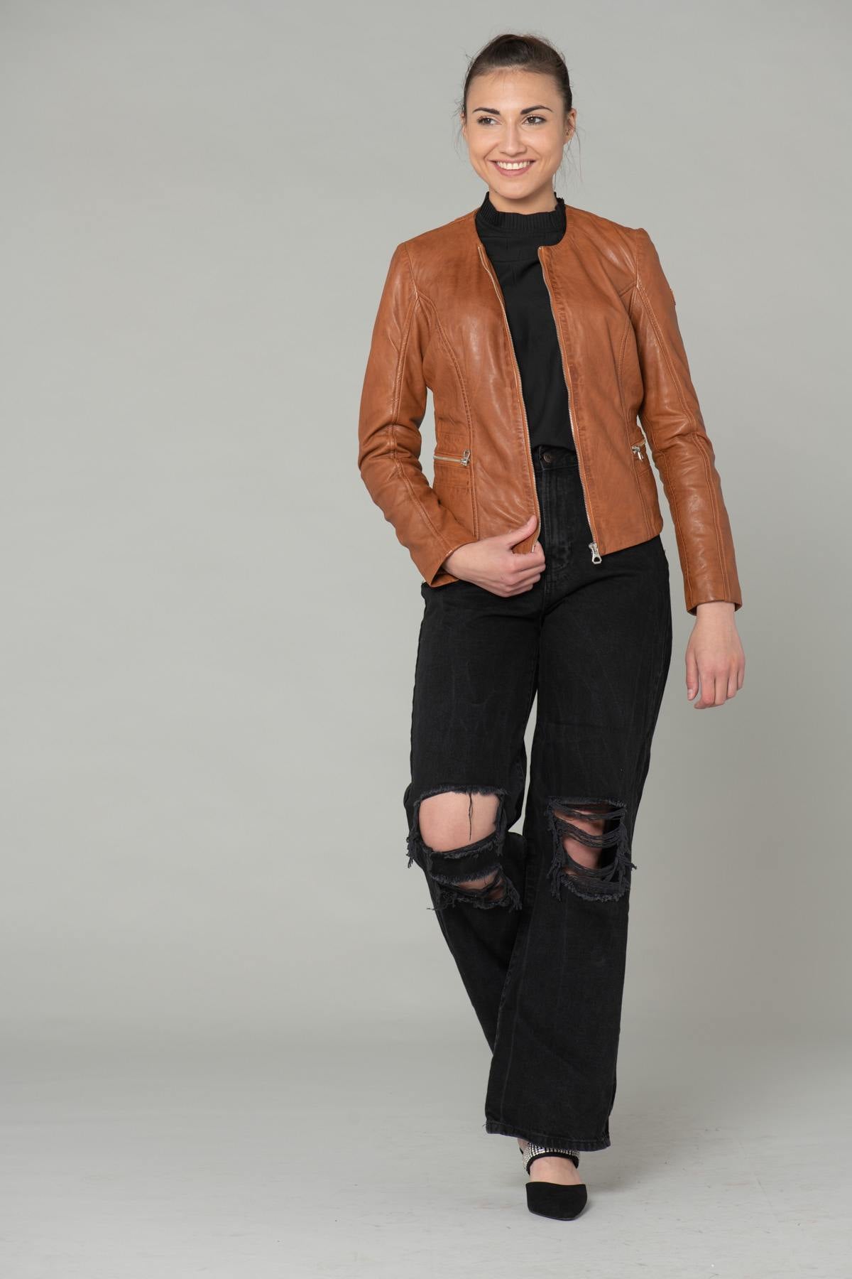 Women's cognac leather jacket - Image n°2