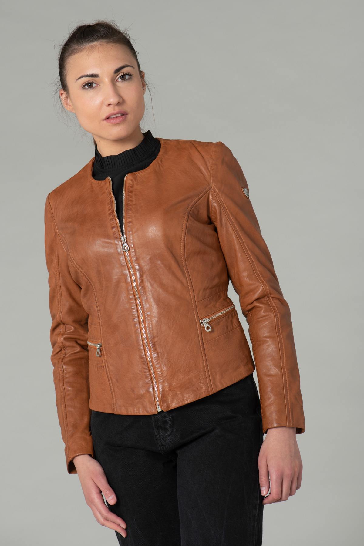 Women's cognac leather jacket - Image n°1