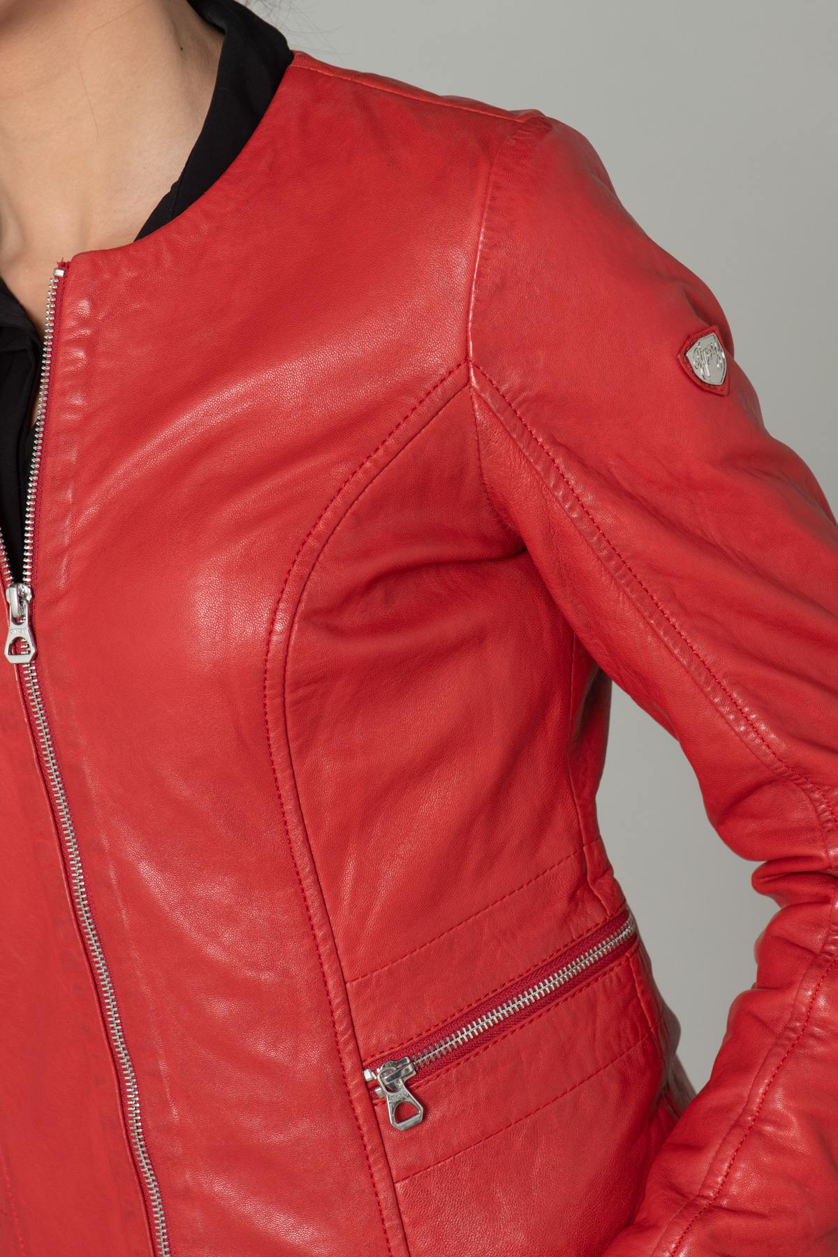 Round-neck red leather jacket - Image n°9