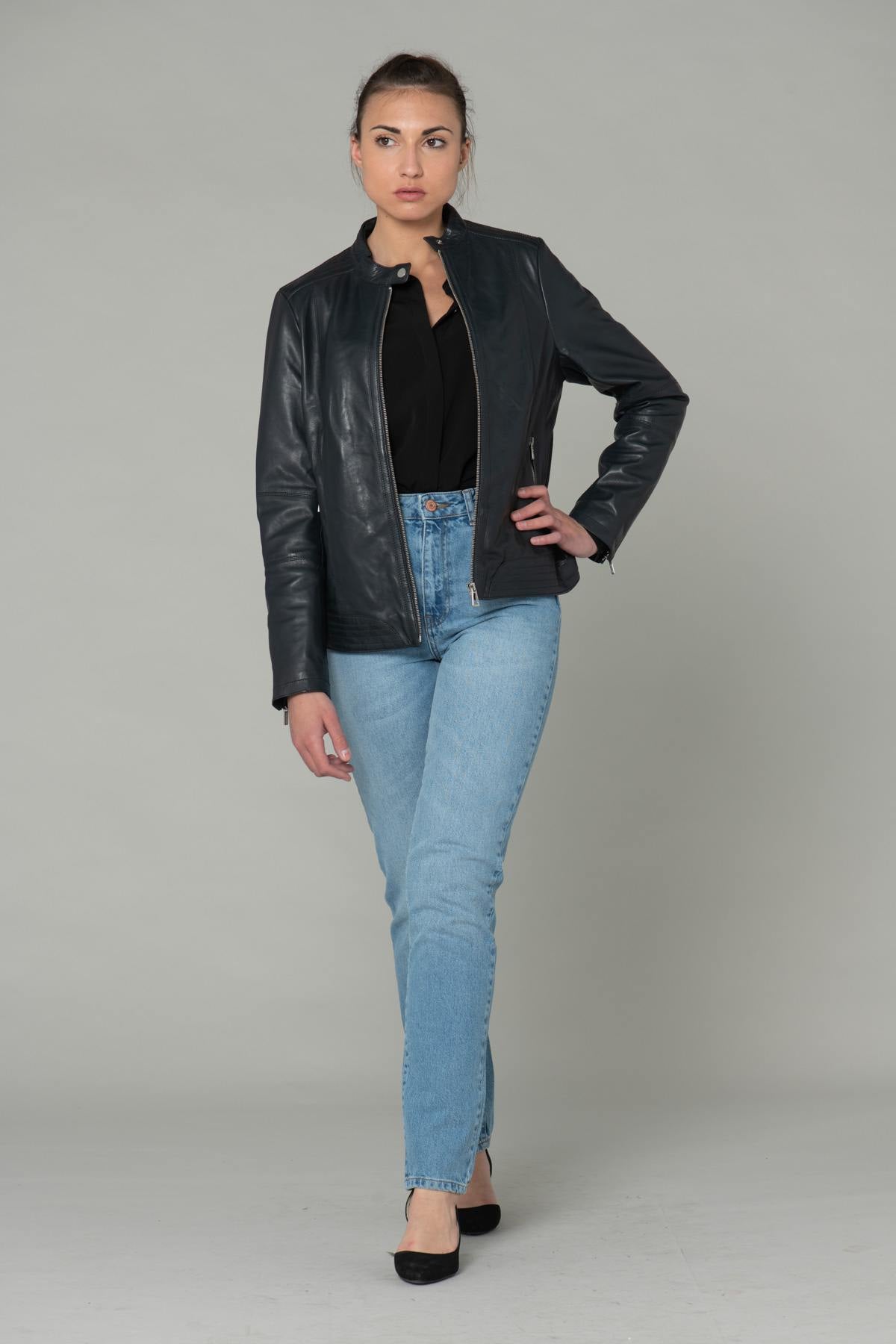 Large size navy leather jacket - Image n°2