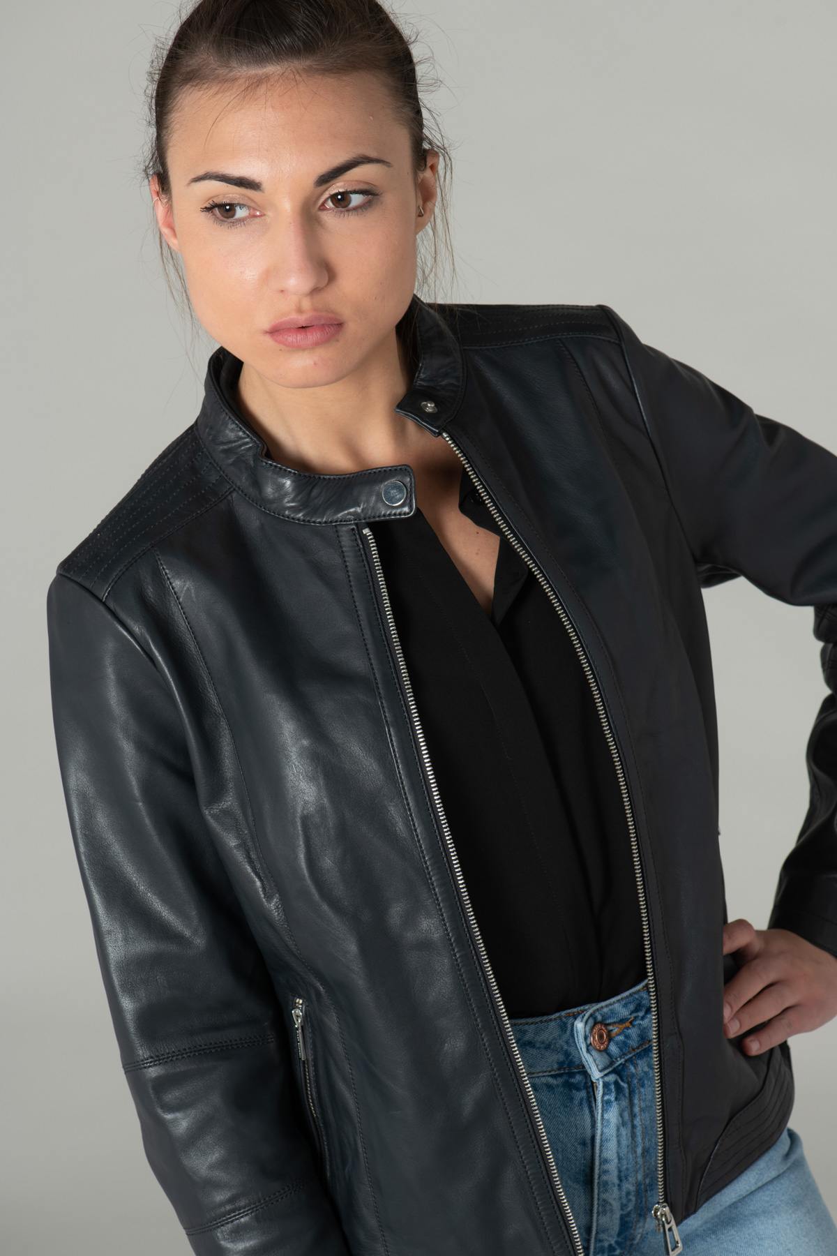 Large size navy leather jacket - Image n°3