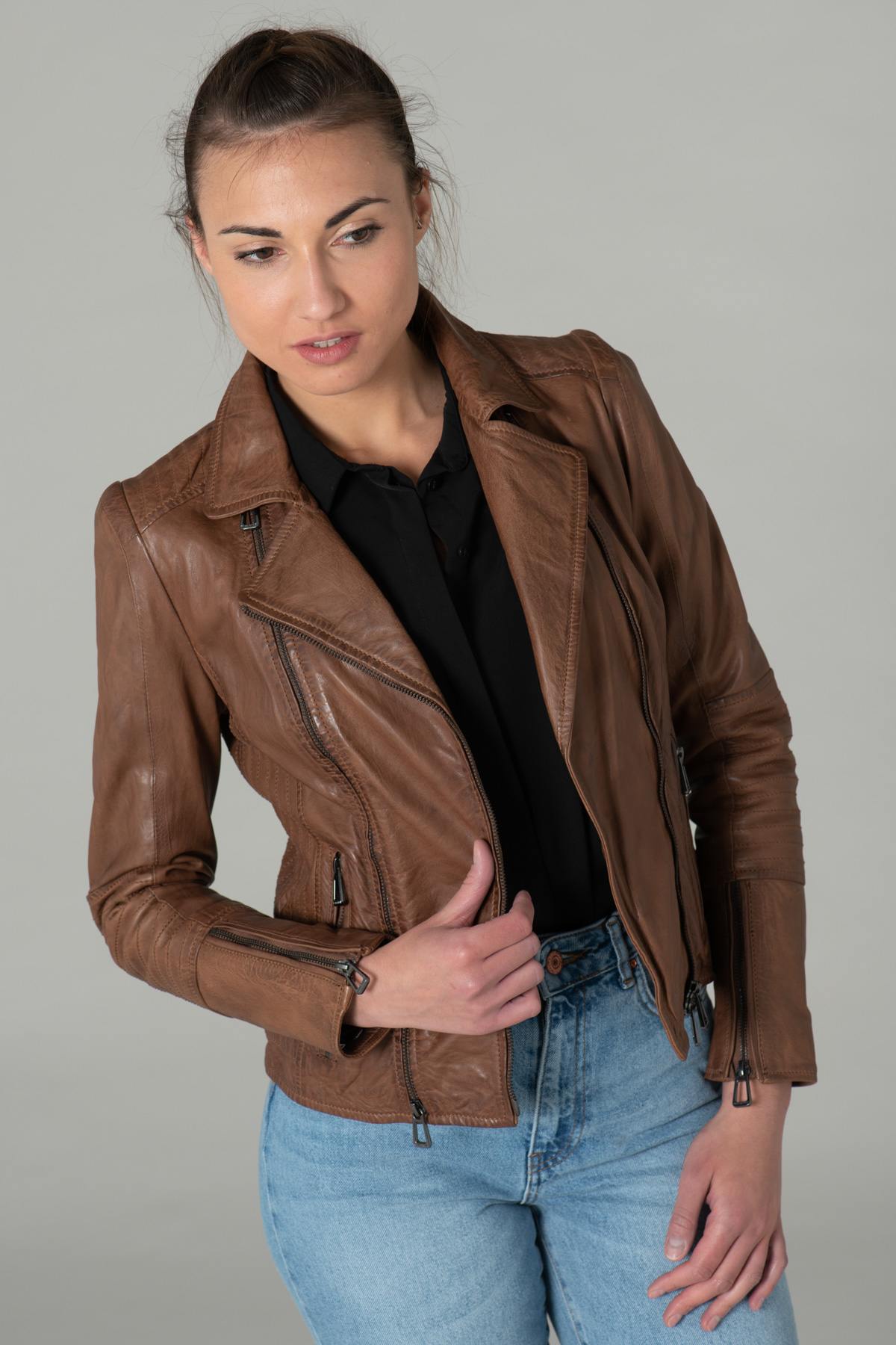 Biker Jacket in aged brown leather - Image n°1