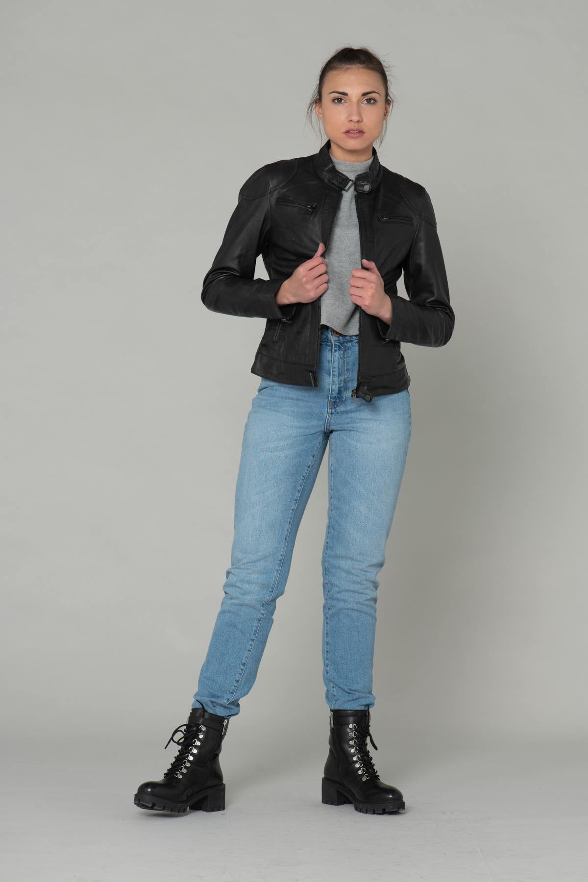 Black leather biker style jacket - Image n°4