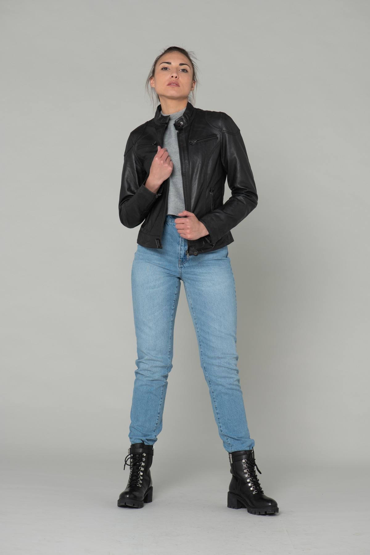 Black leather biker style jacket - Image n°2