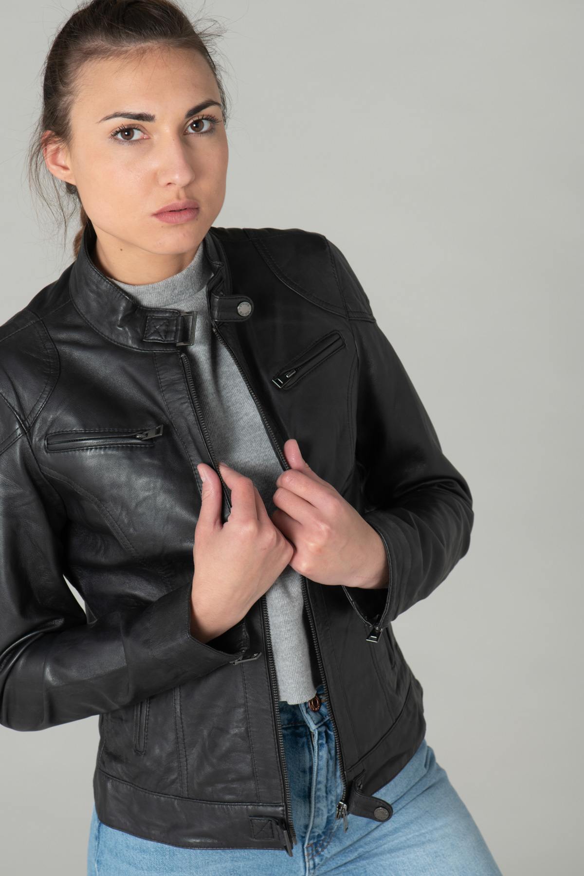 Black leather biker style jacket - Image n°3