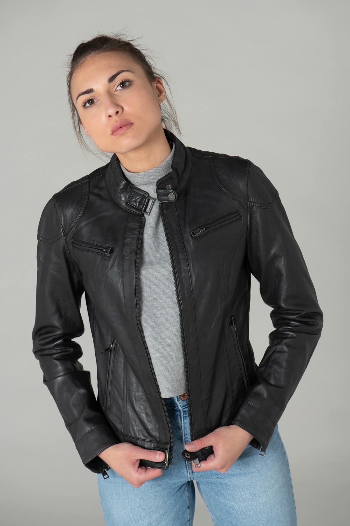 Black leather biker style jacket - Image n°6