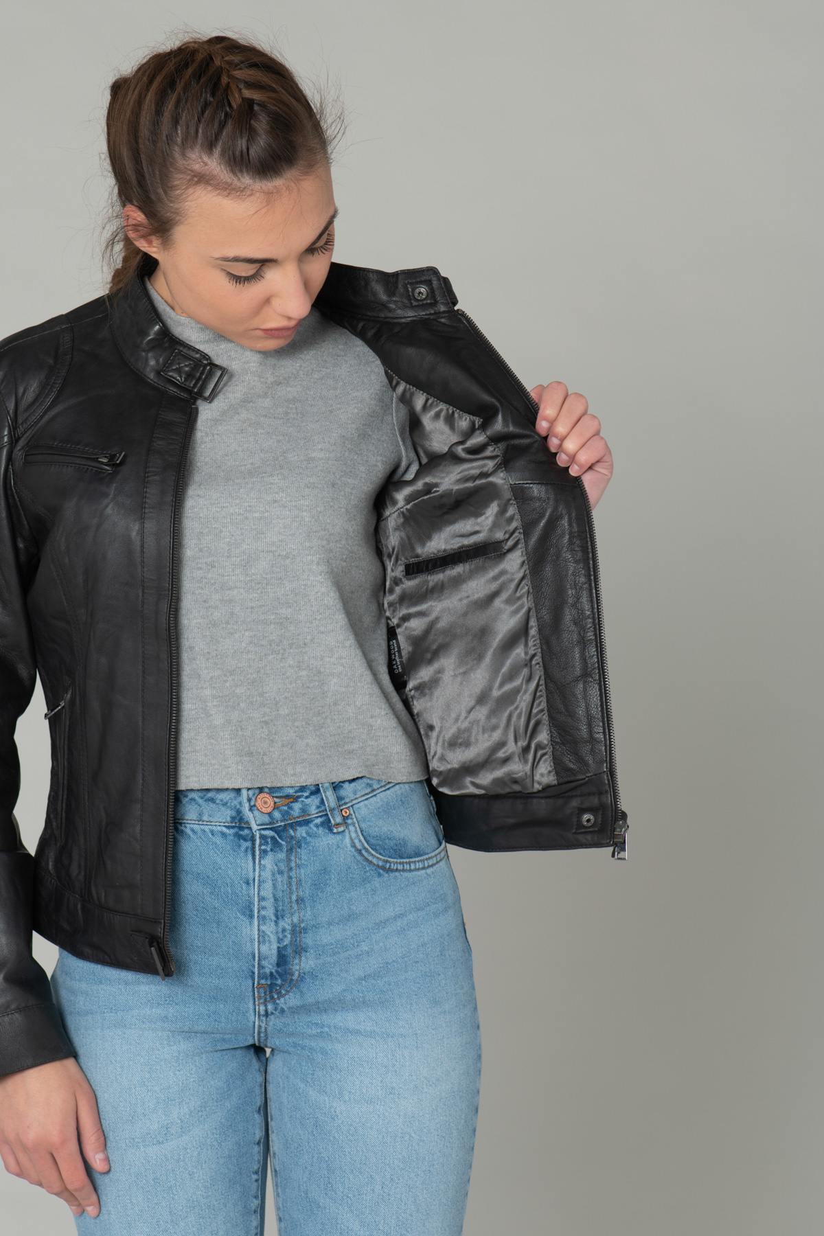 Black leather biker style jacket - Image n°7