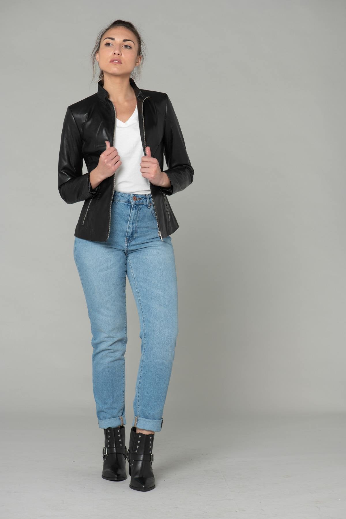 Black leather jacket with stand-up collar - Image n°2